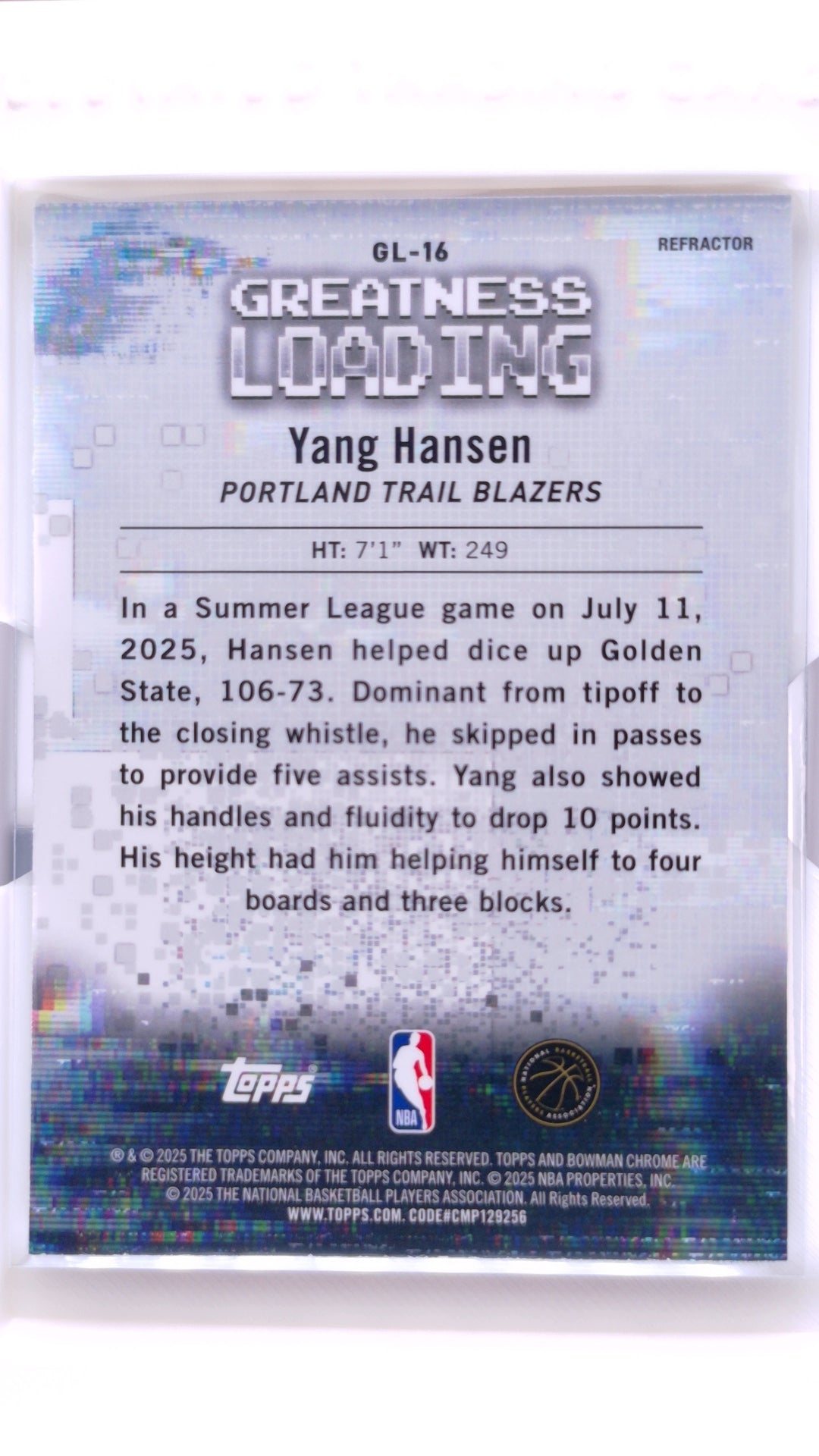 #GL-16 Yang Hansen Rookie Greatness Loading Refractor - back