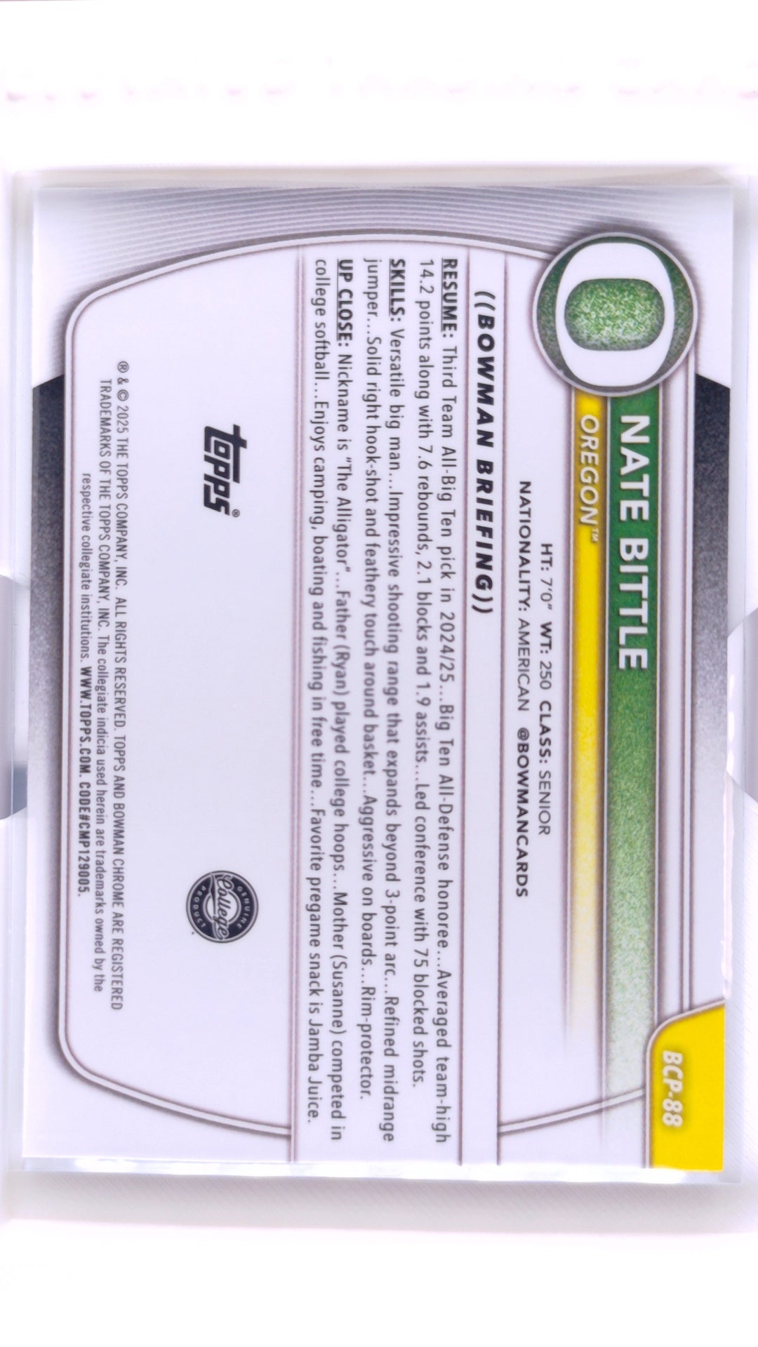 #BCP-88 Nate Bittle Chrome Prospects Reptilian Refractor - back