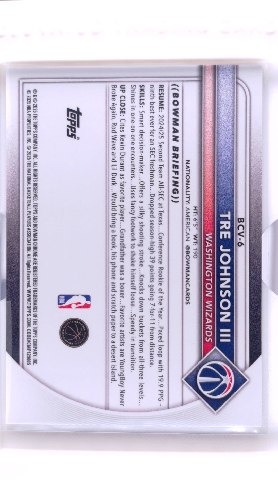 #BCV-6 Tre Johnson III Rookie Chrome Rose Gold X-Fractor #3/15 - back