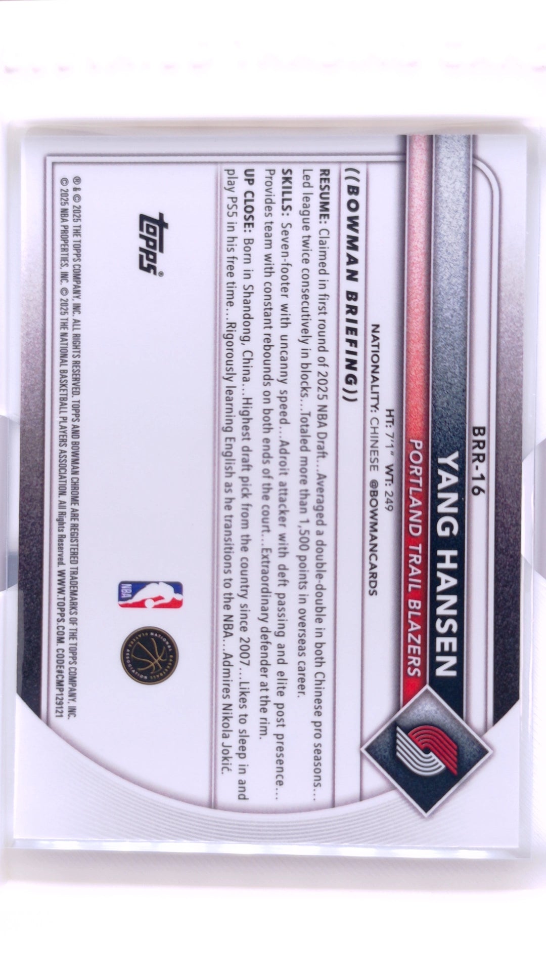 #BRR-16 Yang Hansen Rookie Red Rookie Variations - back