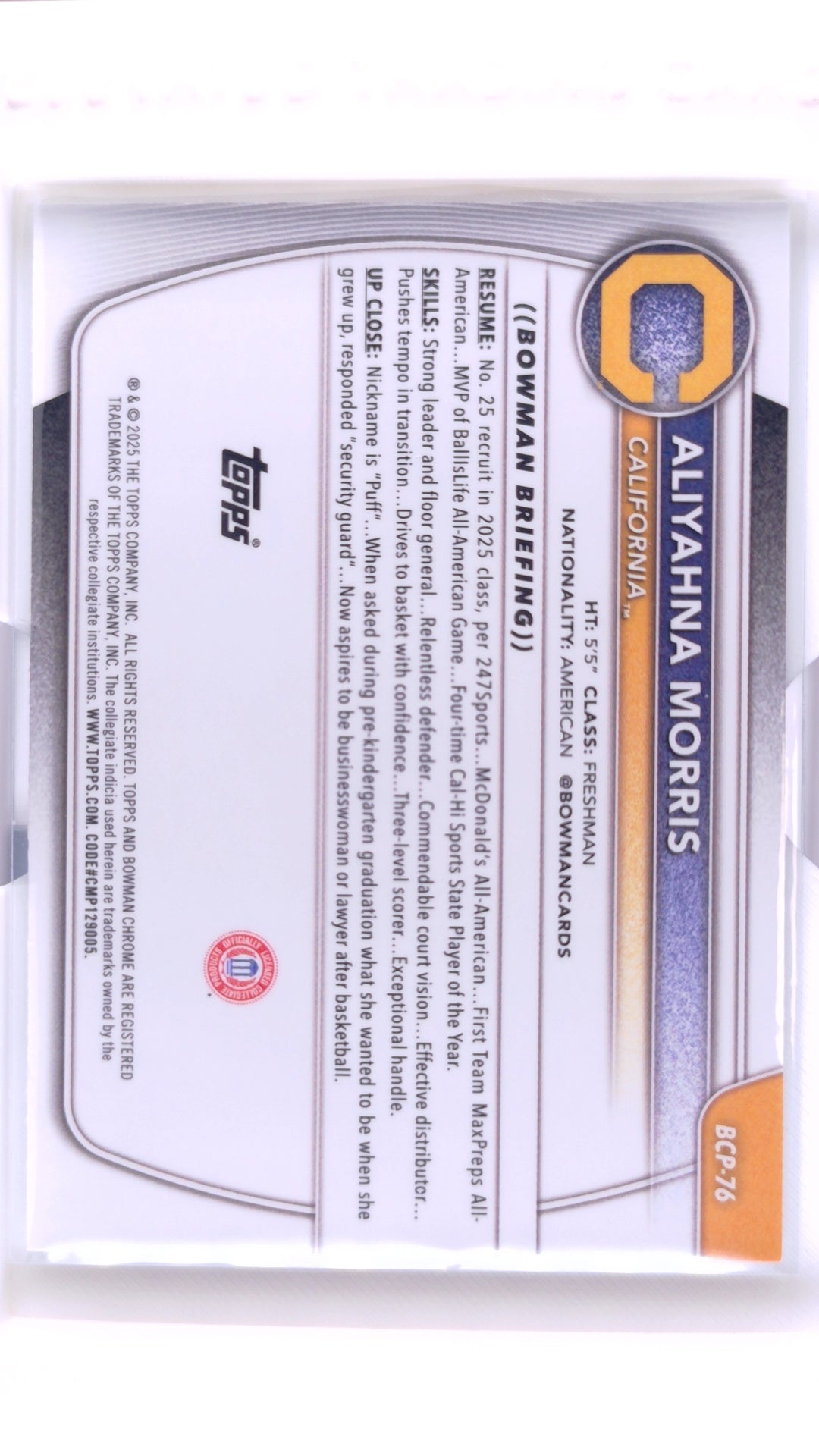 #BCP-76 Aliyahna Morris Chrome Prospects - back