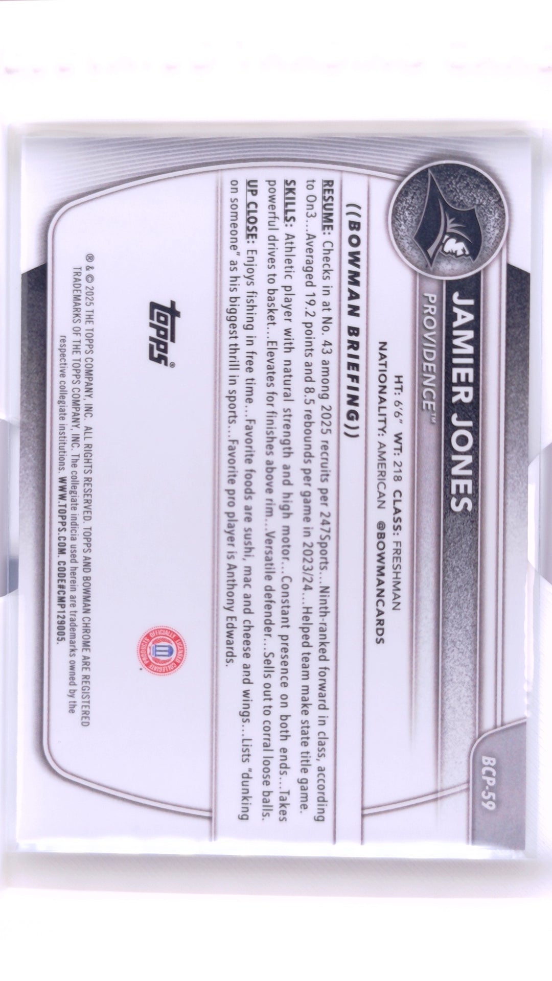 #BCP-59 Jamier Jones Chrome Prospects - back