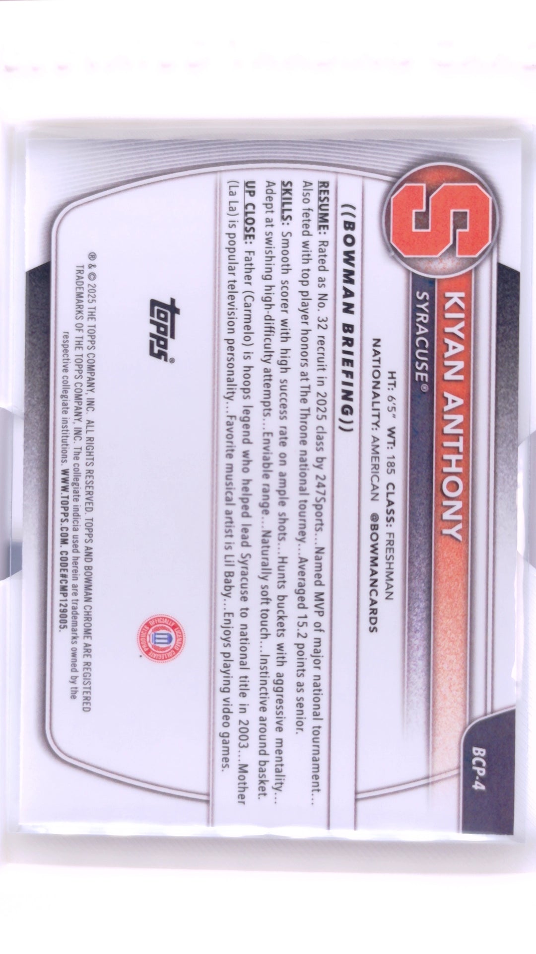 #BCP-4 Kiyan Anthony Chrome Prospects - back
