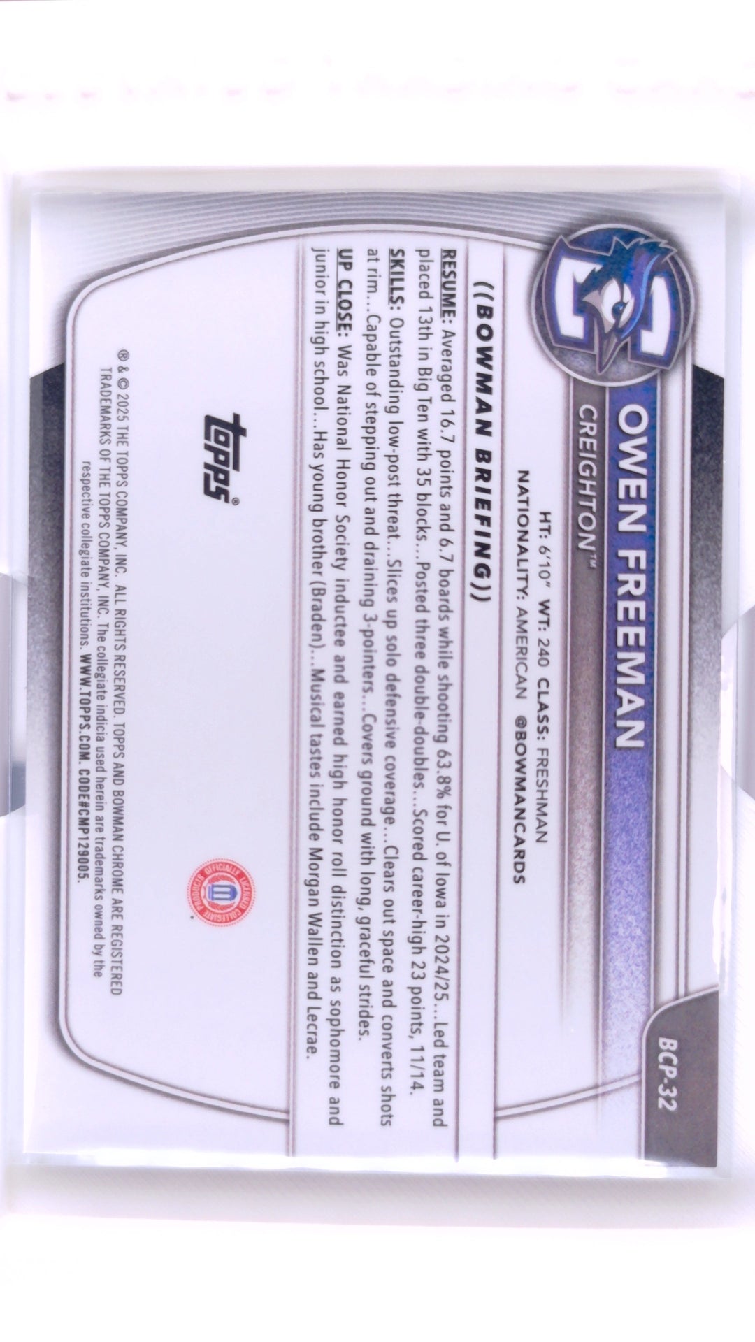 #BCP-32 Owen Freeman Chrome Prospects - back