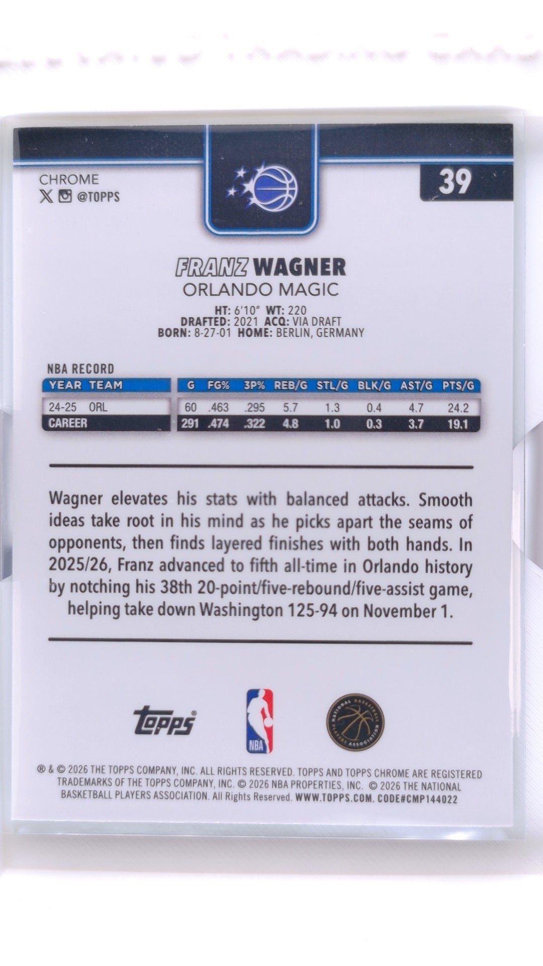 #39 Franz Wagner Aqua Refractor #14/199 - back