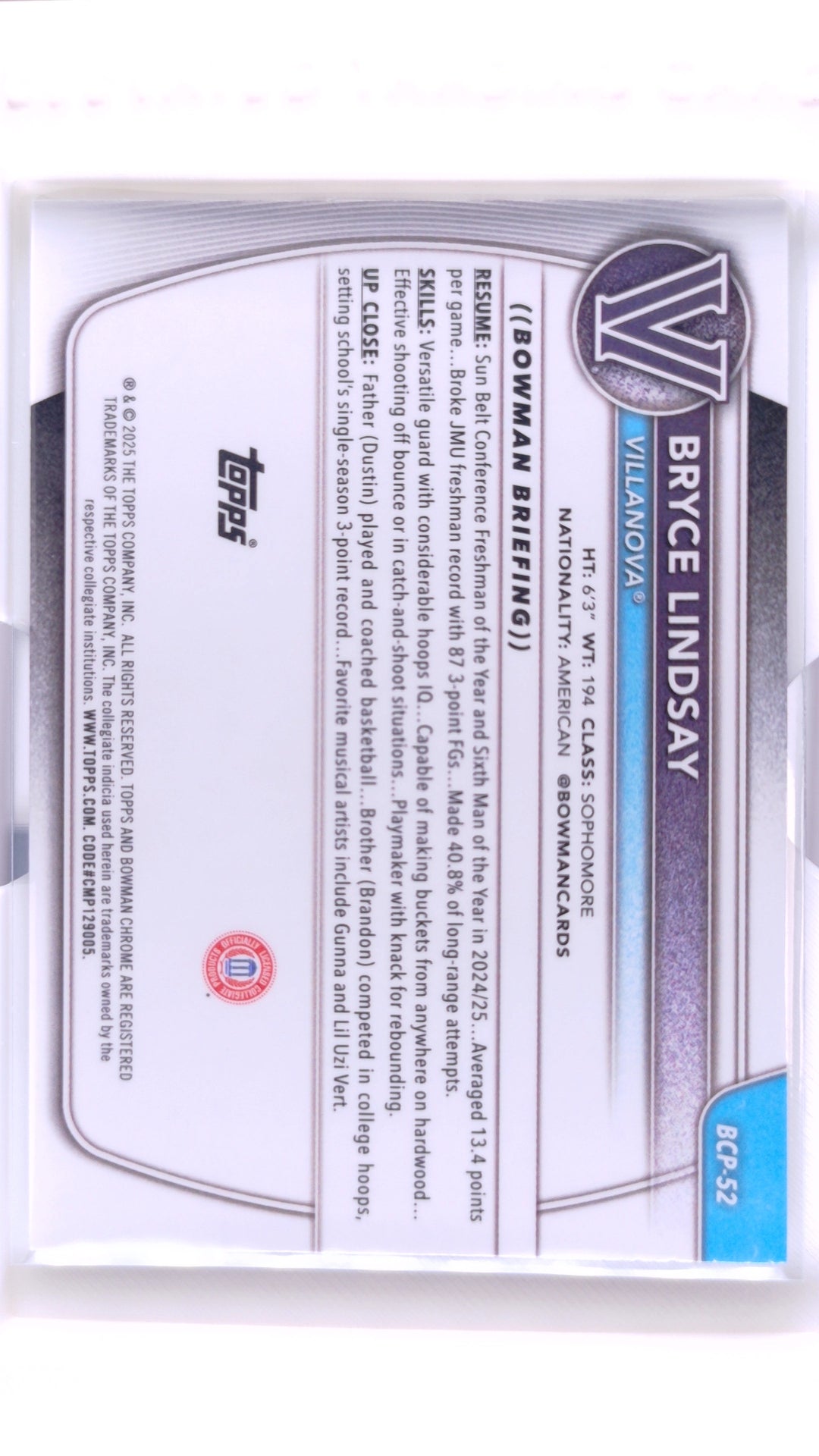 #BCP-52 Bryce Lindsay Chrome Prospects - back