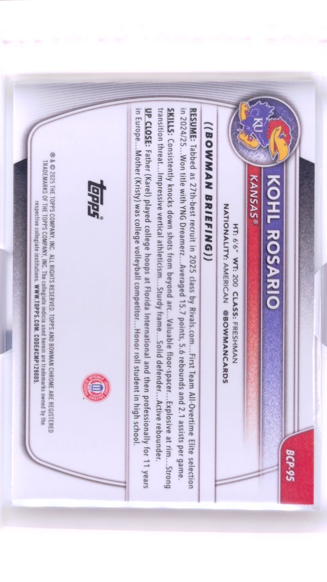 #BCP-95 Kohl Rosario Chrome Prospects - back