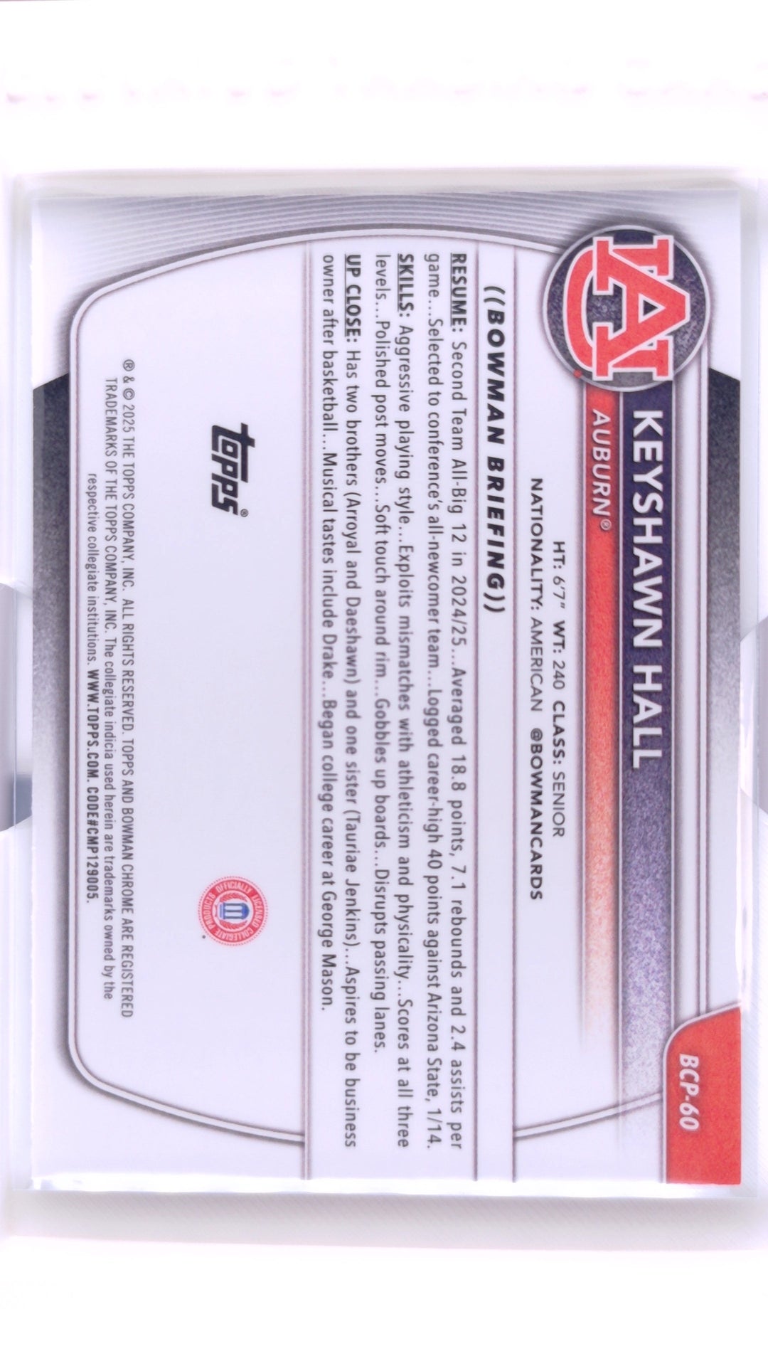 #BCP-60 Keyshawn Hall Chrome Prospects - back