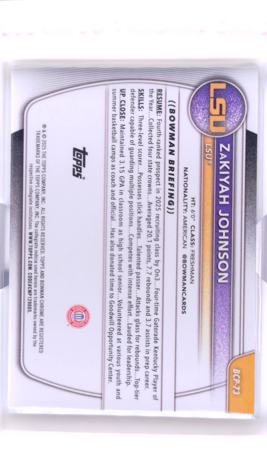 #BCP-73 ZaKiyah Johnson Chrome Prospects - back