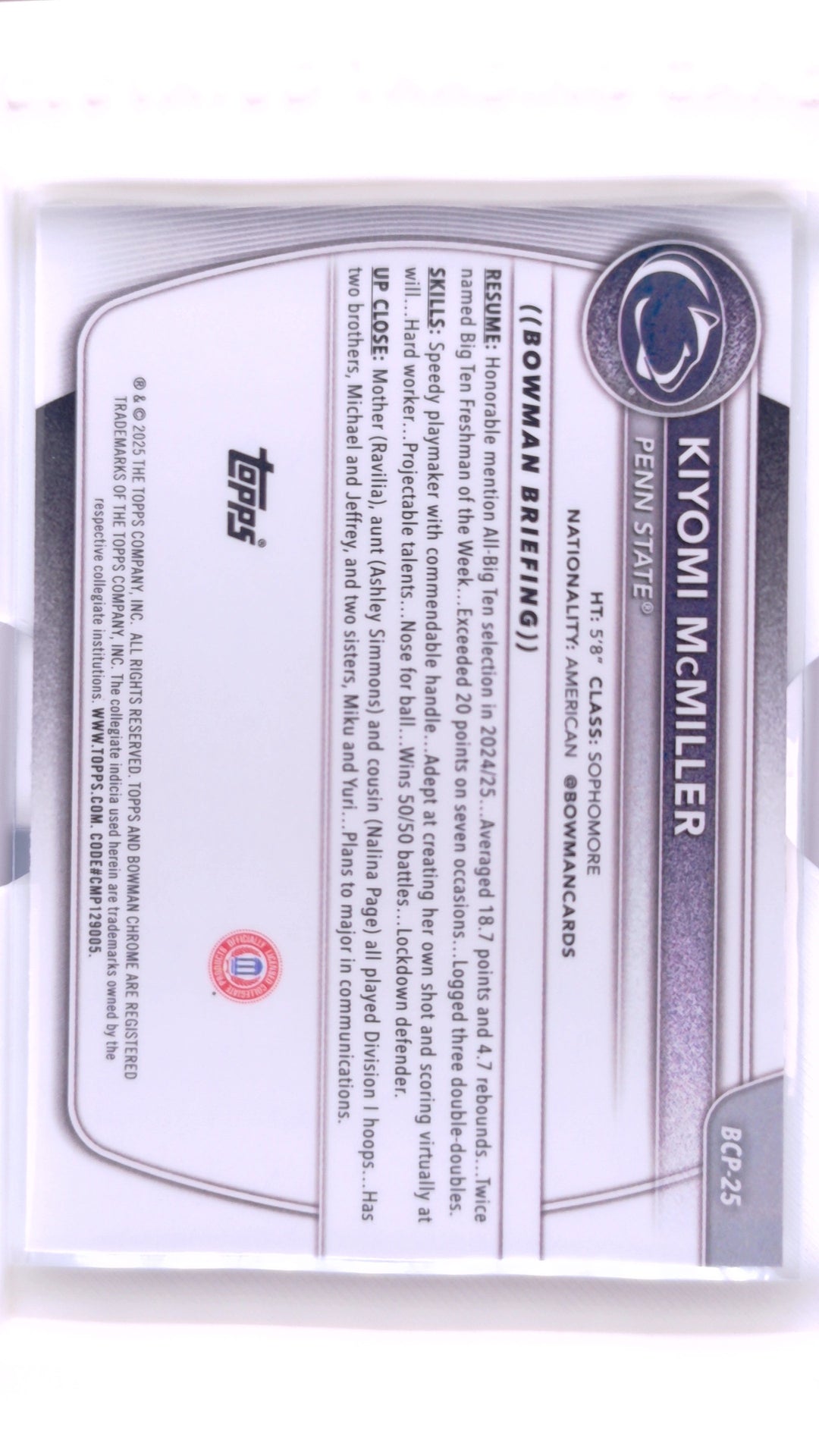 #BCP-25 Kiyomi McMILLER Chrome Prospects - back
