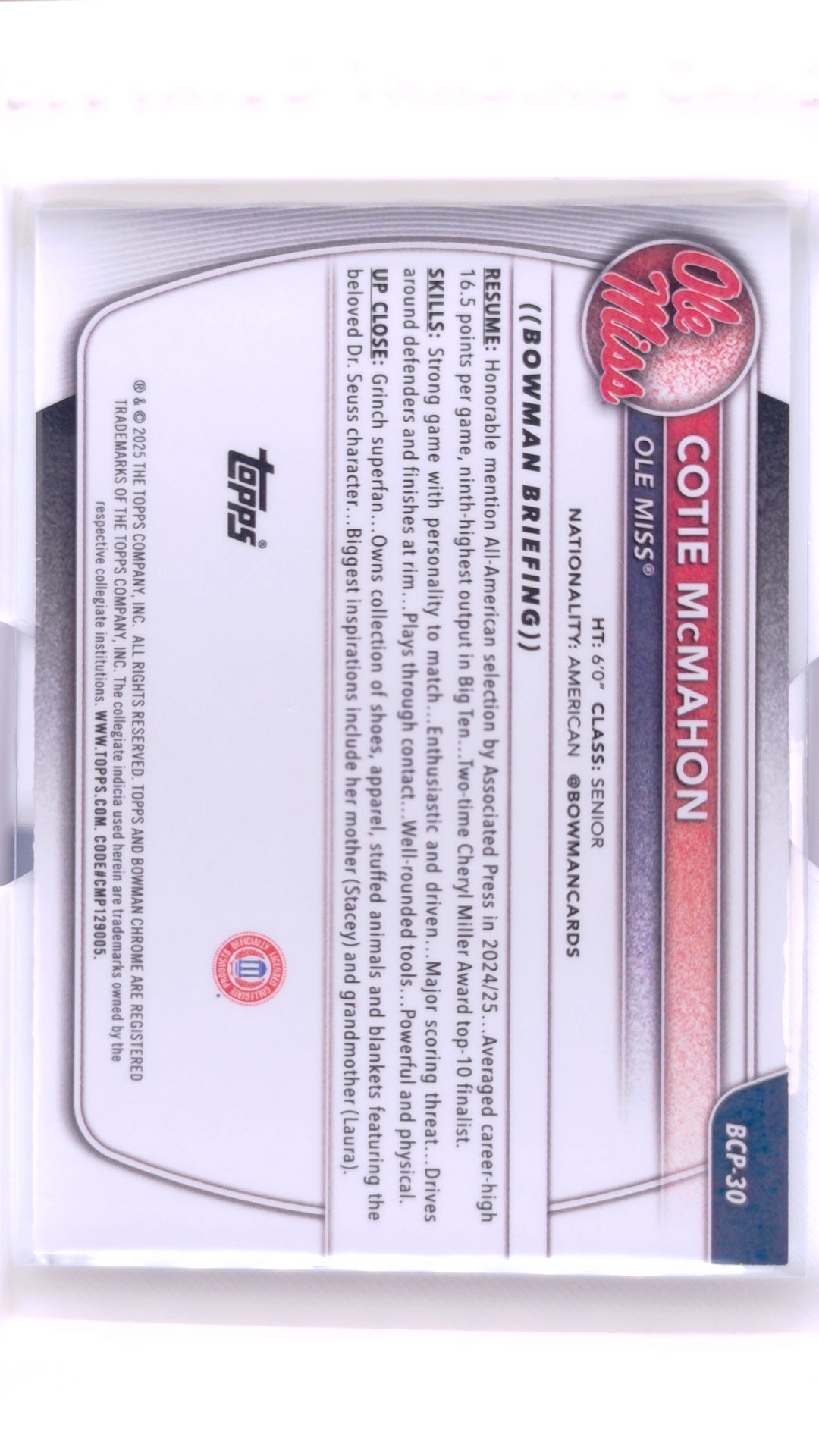 #BCP-30 Cotie McMahon Chrome Prospects - back