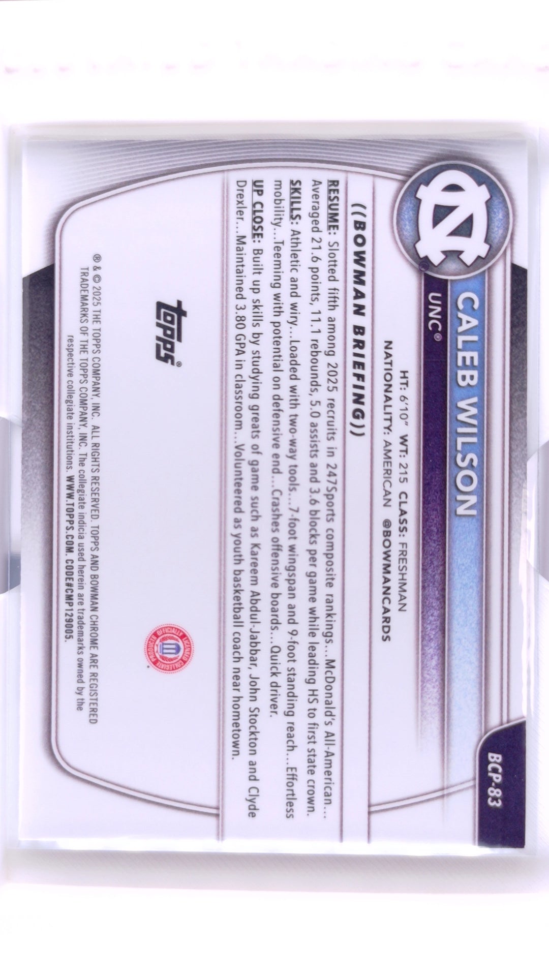 #BCP-83 Caleb Wilson Chrome Prospects - back