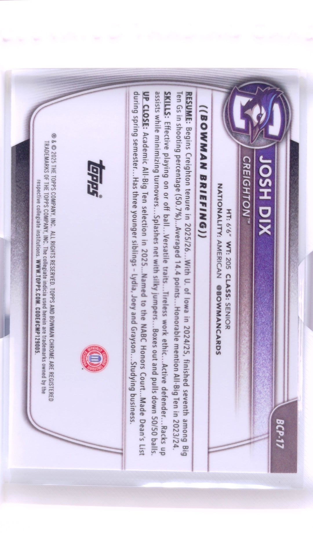 #BCP-17 Josh Dix Chrome Prospects - back