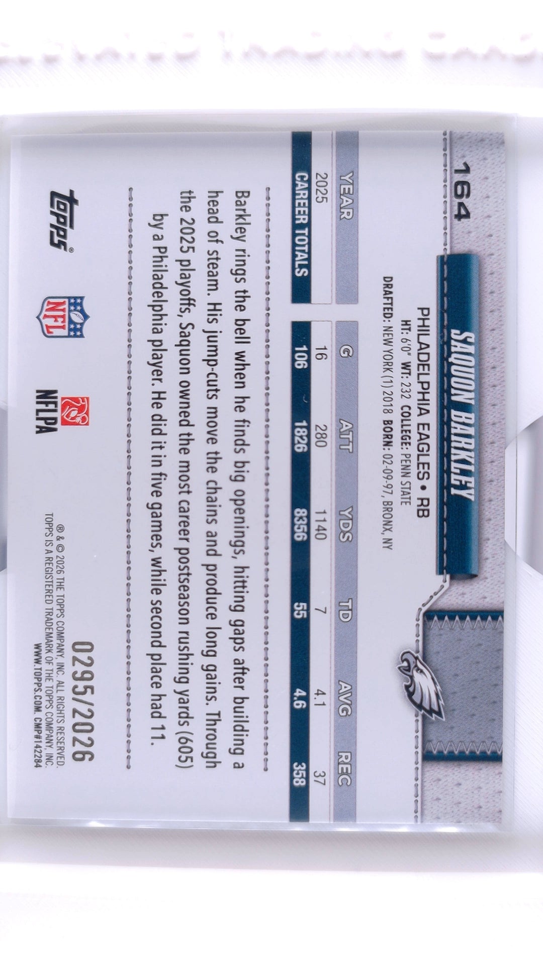 #164 Saquon Barkley Gold #295/2026 - back
