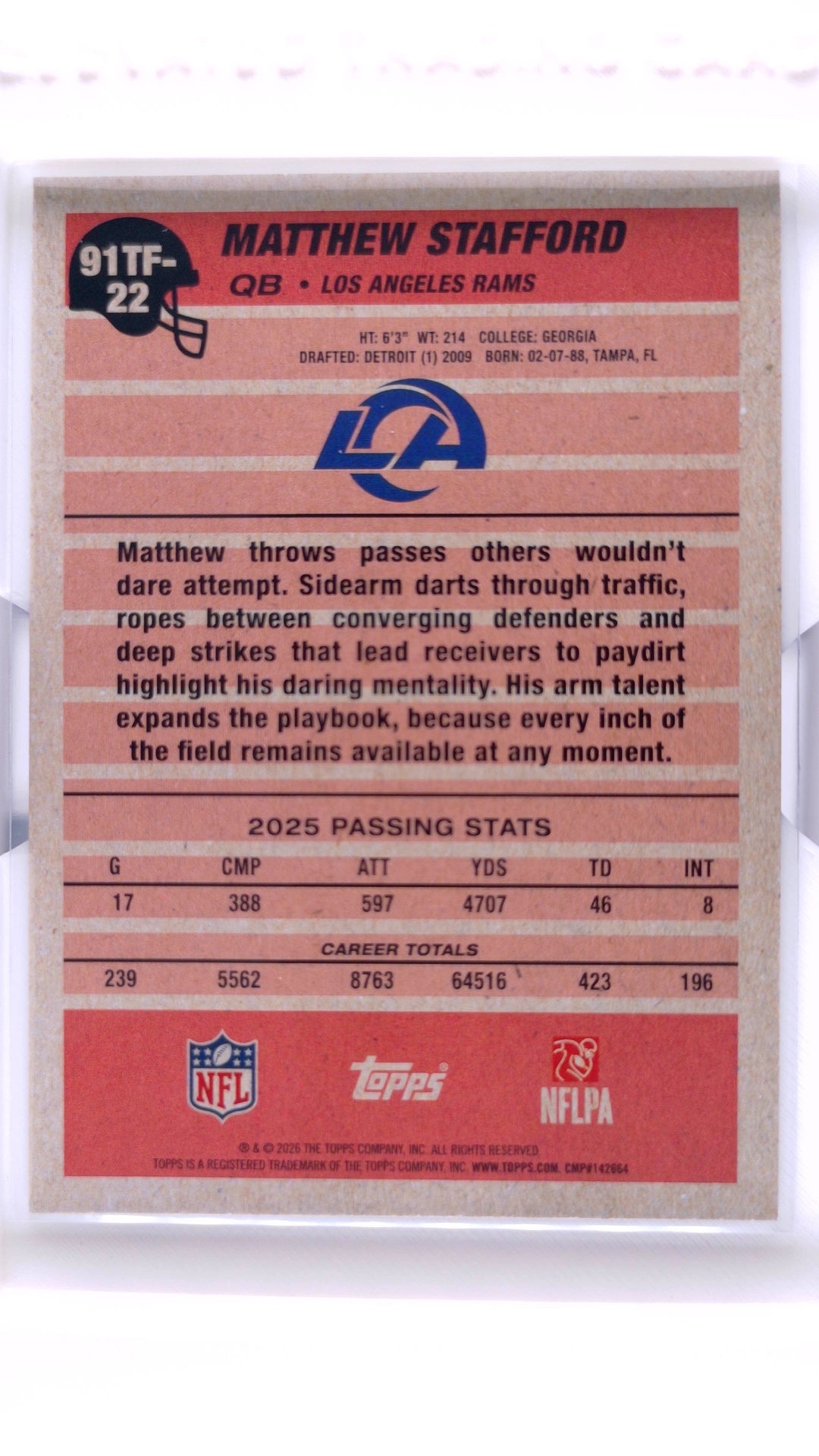#91TF-22 Matthew Stafford 1991 Topps Football - back