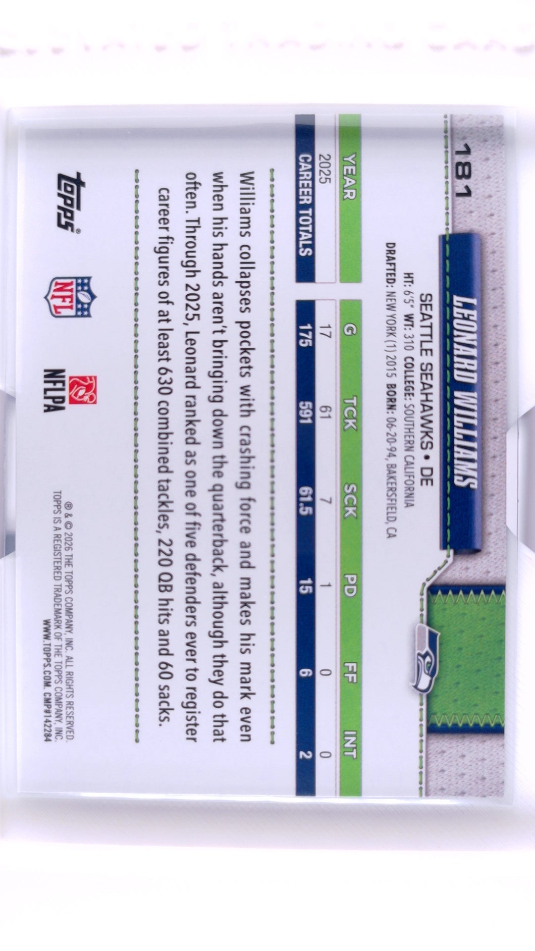 #181 Leonard Williams Holo Foil - back