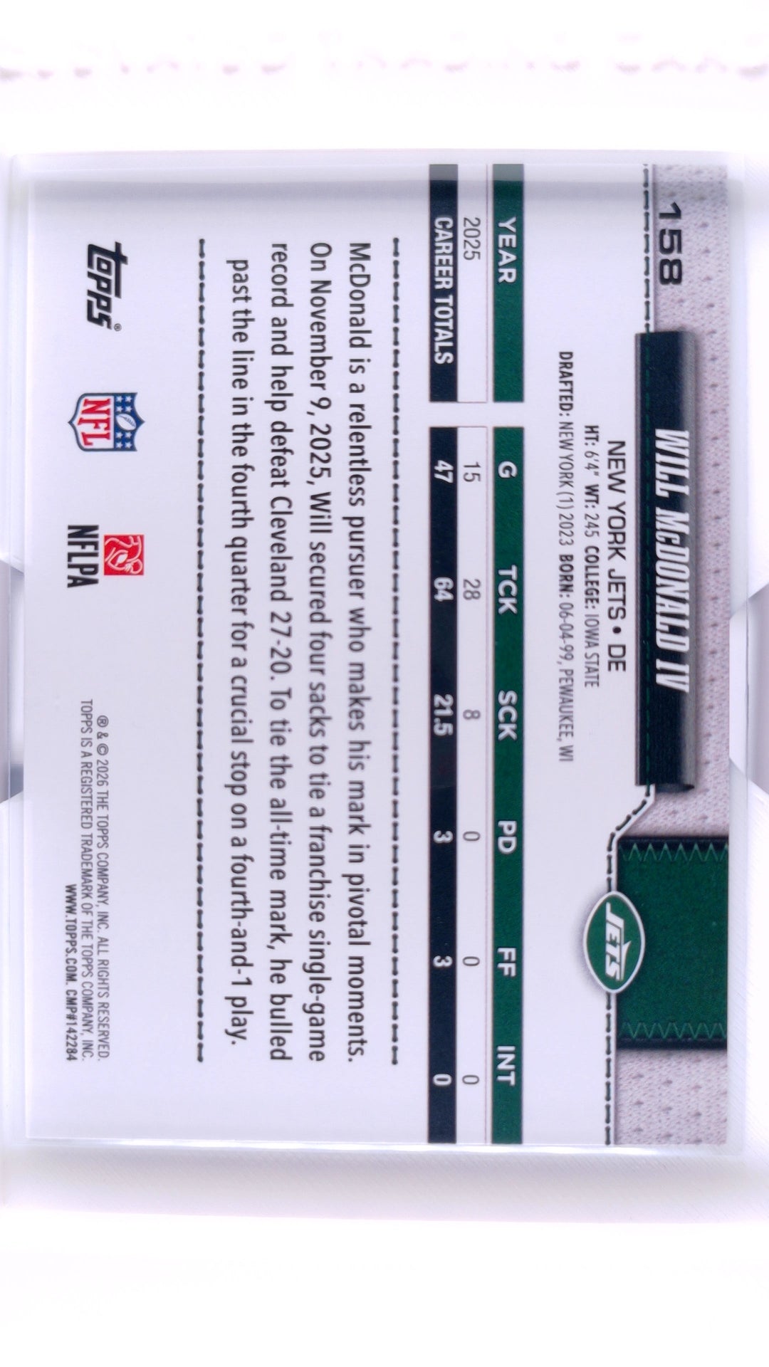 #158 Will McDonald IV Holo Foil - back