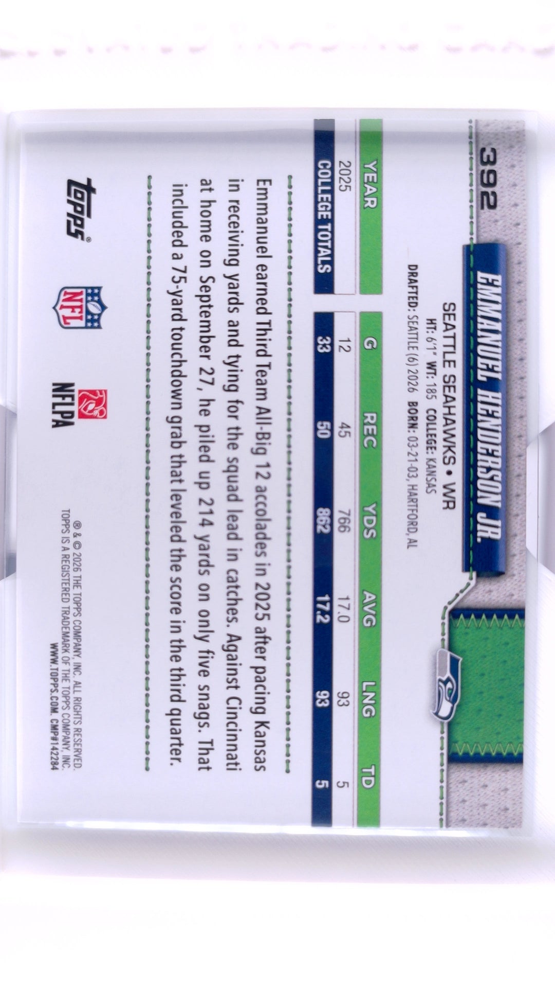 #392 Emmanuel Henderson Jr. Rookie Holo Foil - back