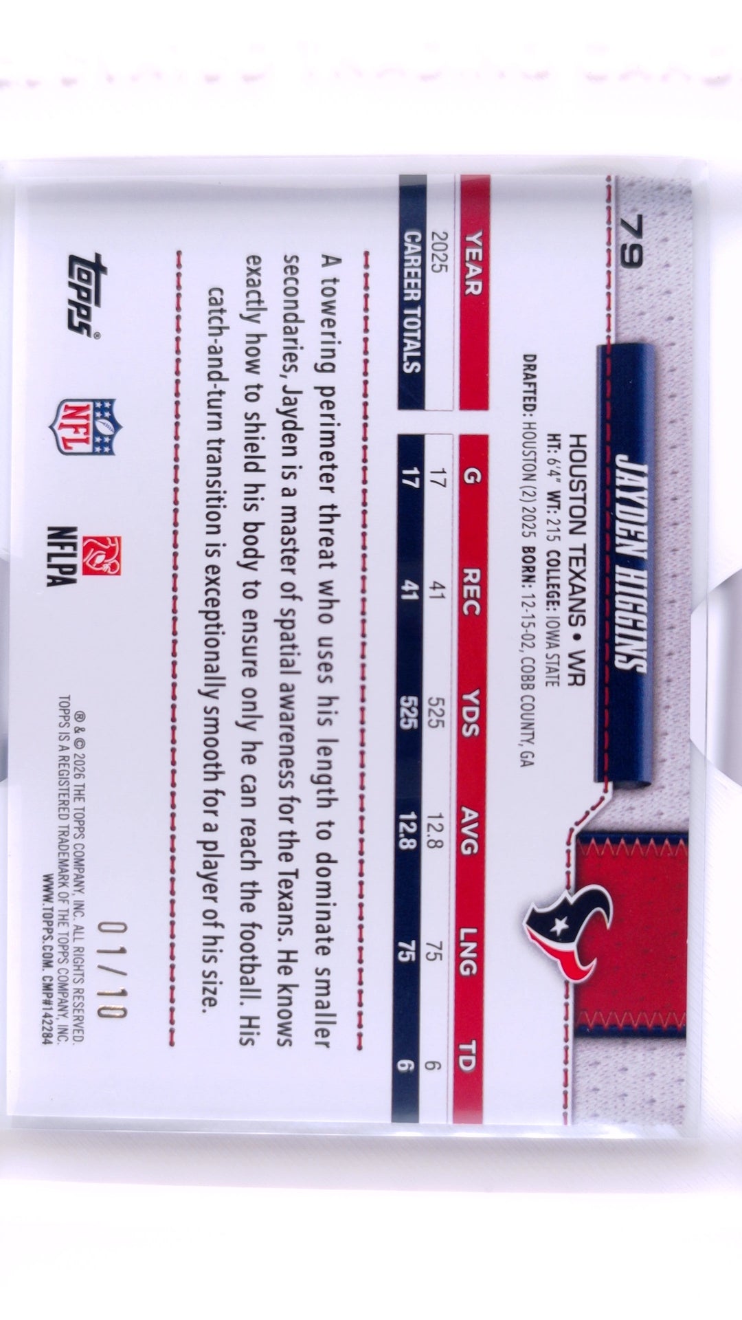 #79 Jayden Higgins Black Holo Foil #1/10 - back