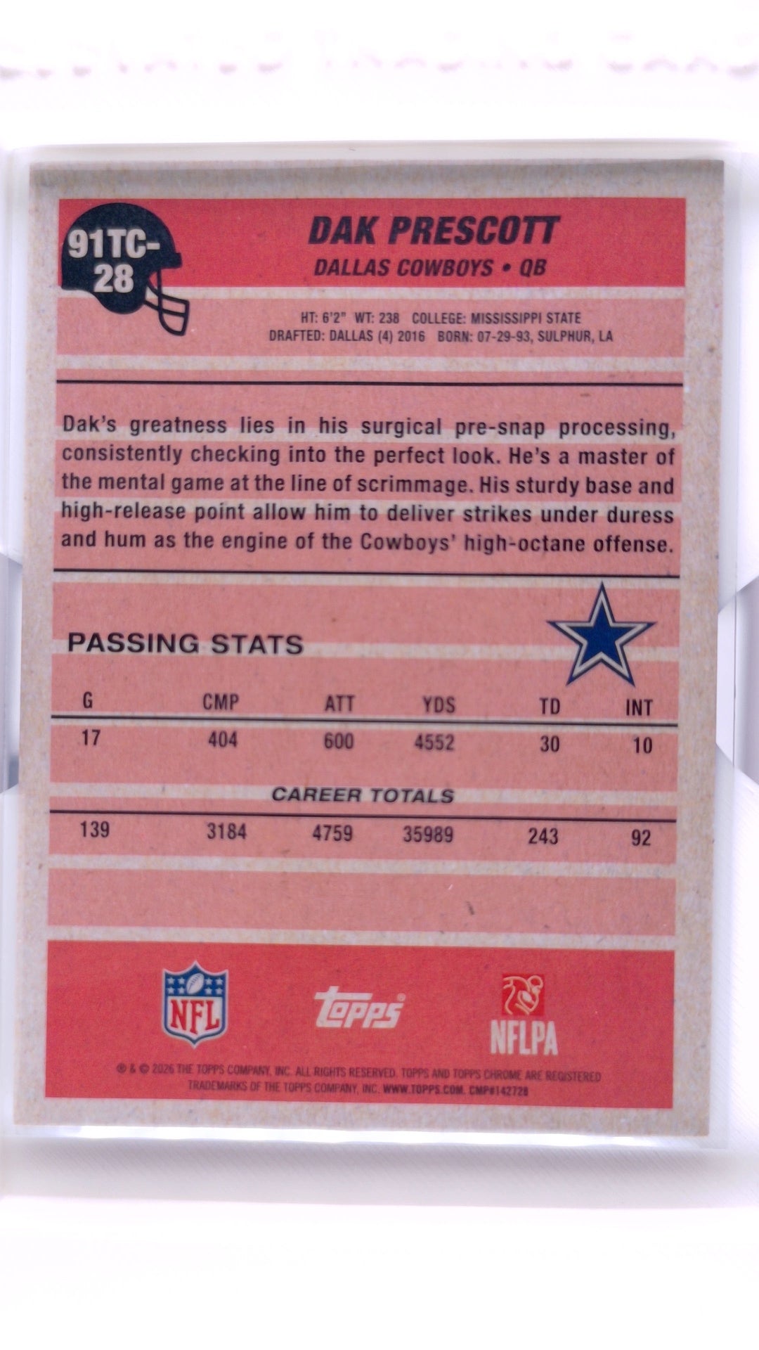 #91TC-28 Dak Prescott 1991 Topps Football Chrome - back