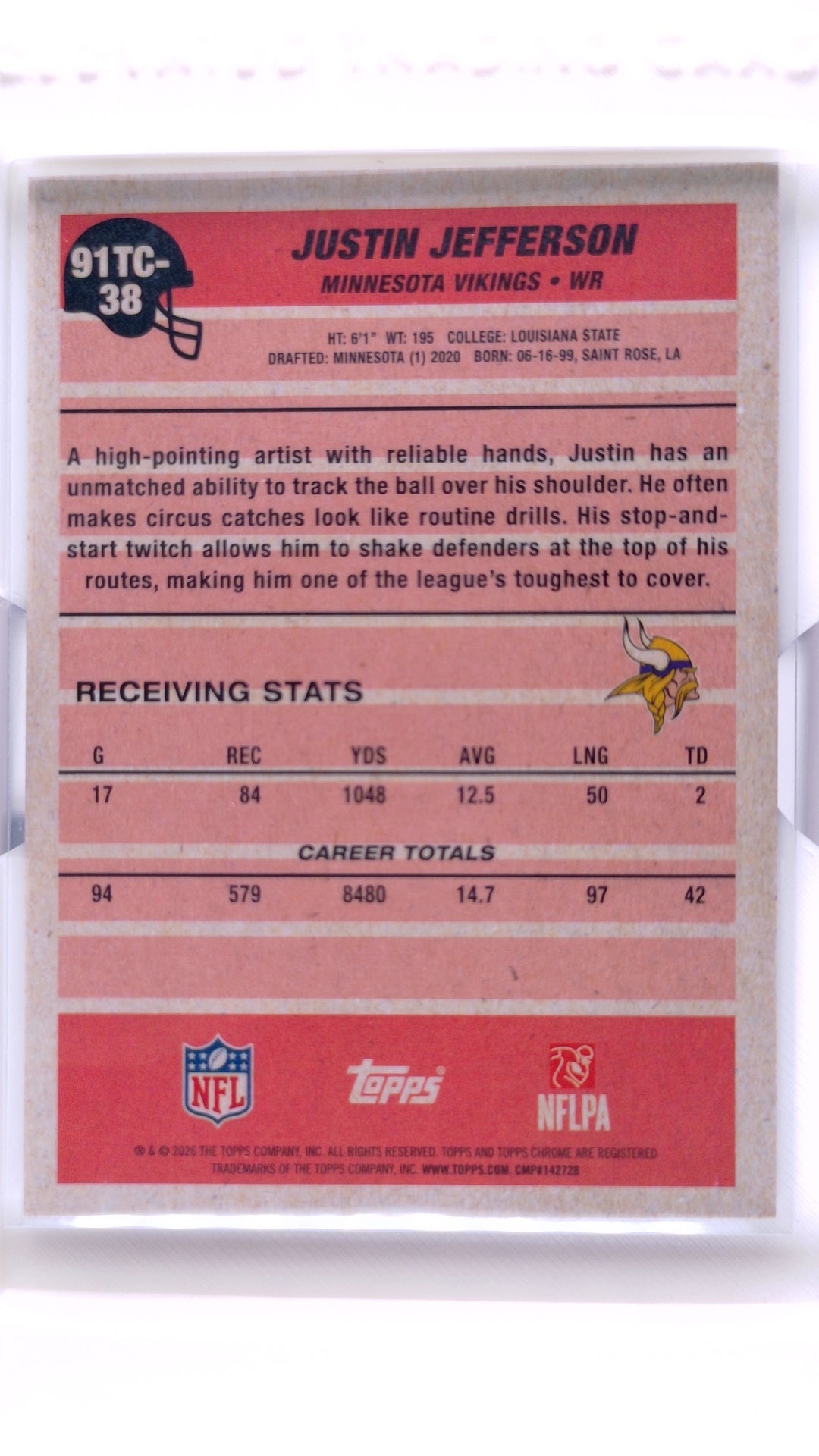 #91TC-38 Justin Jefferson 1991 Topps Football Chrome - back