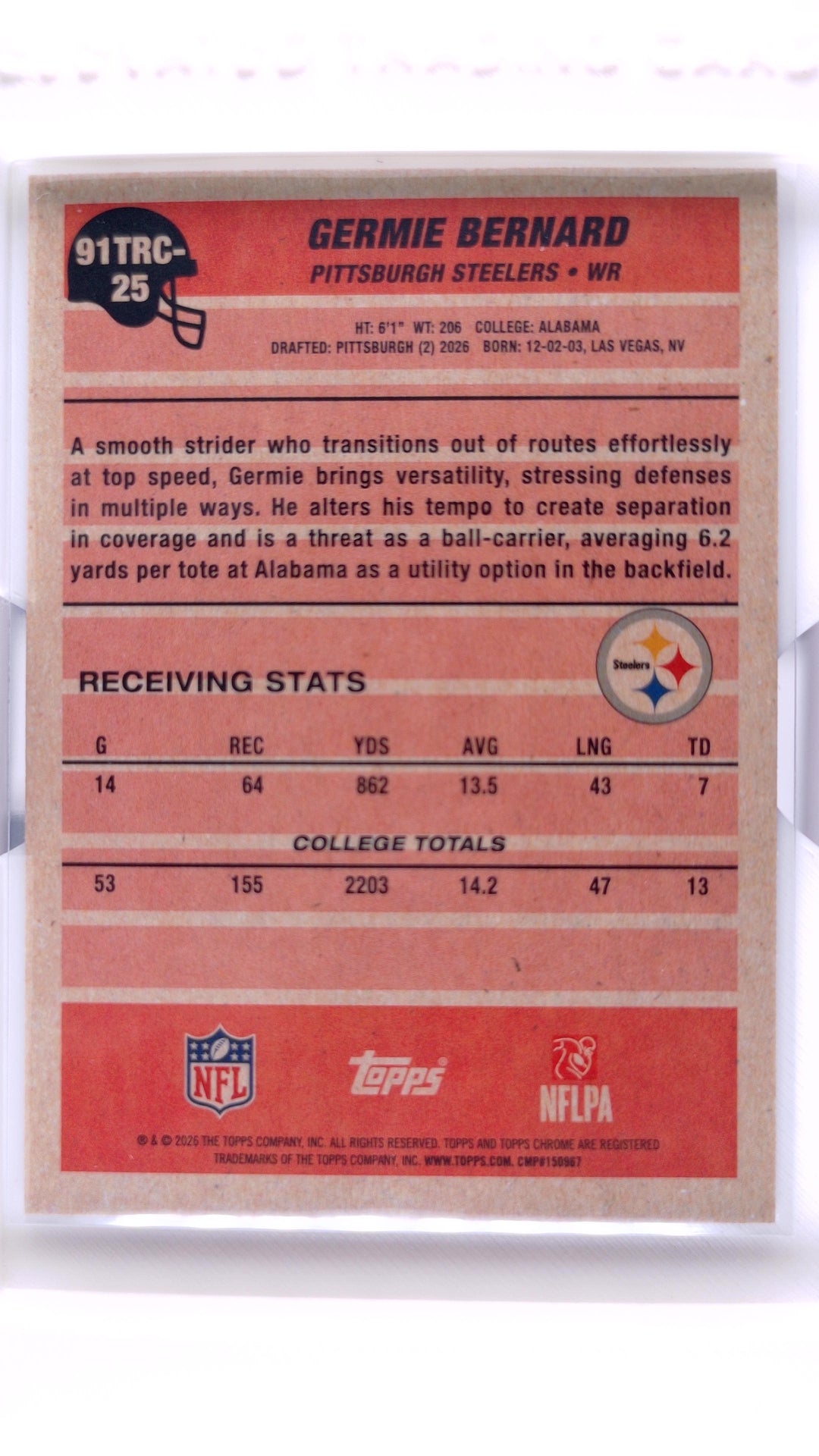 #91TRC-25 Germie Bernard Rookie 1991 Topps Rookies Football Chrome - back