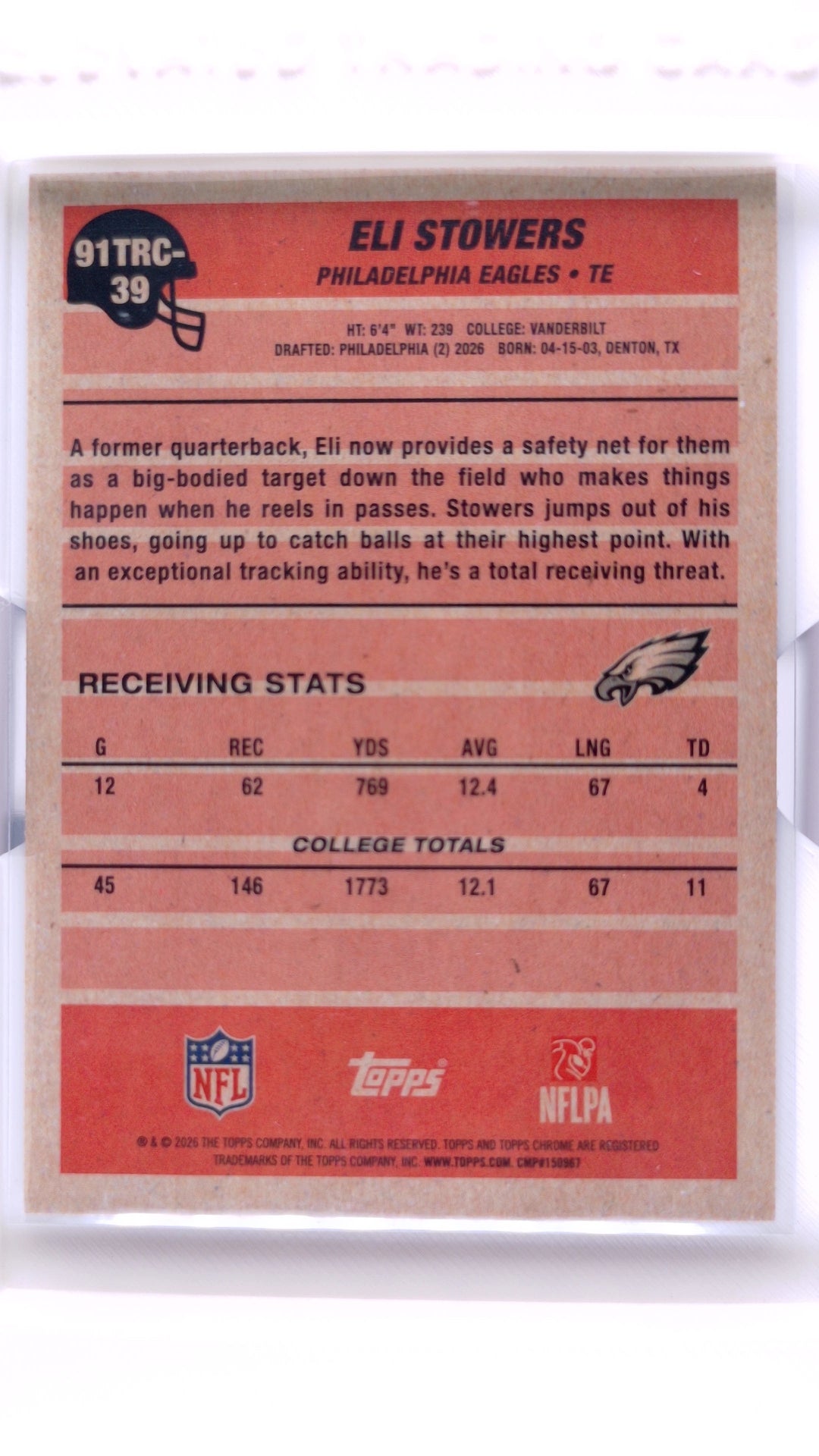 #91TRC-39 Eli Stowers Rookie 1991 Topps Rookies Football Chrome - back