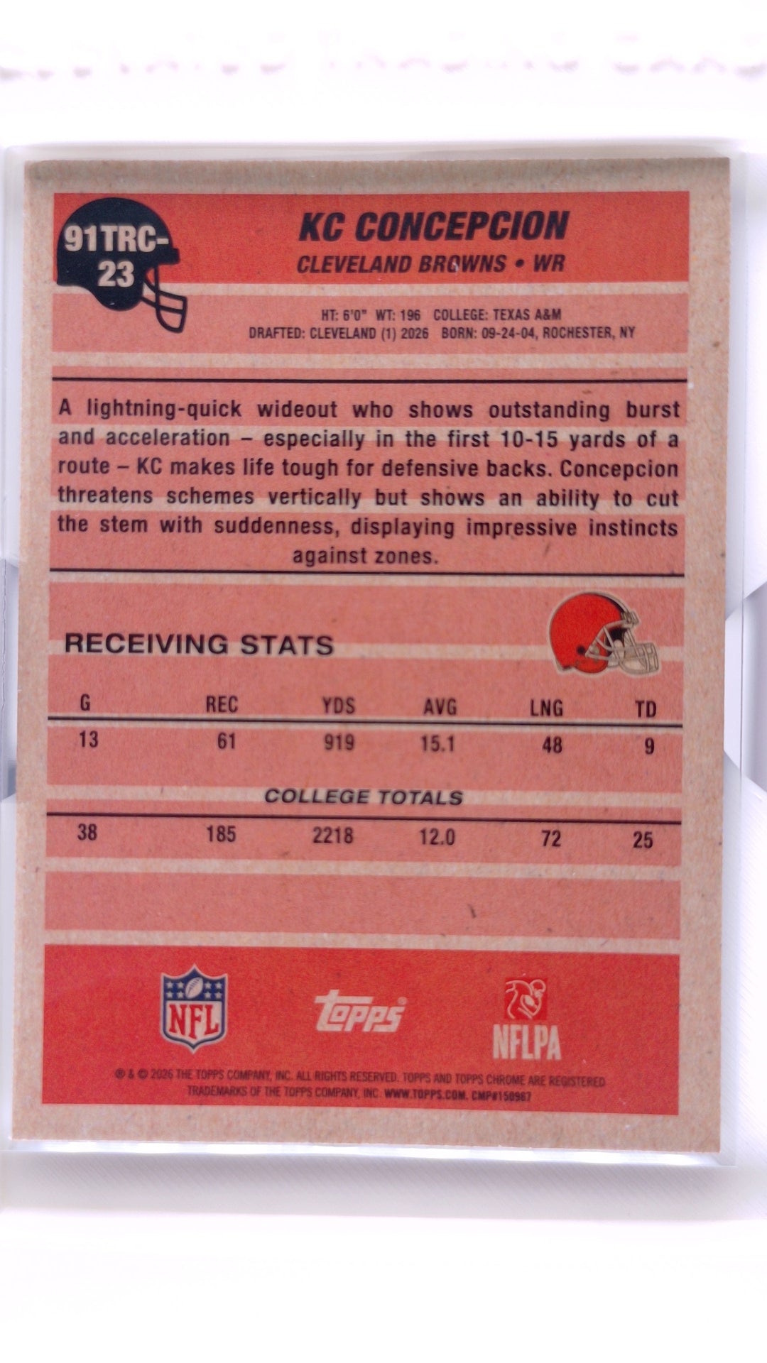 #91TRC-23 KC Concepcion Rookie 1991 Topps Rookies Football Chrome - back