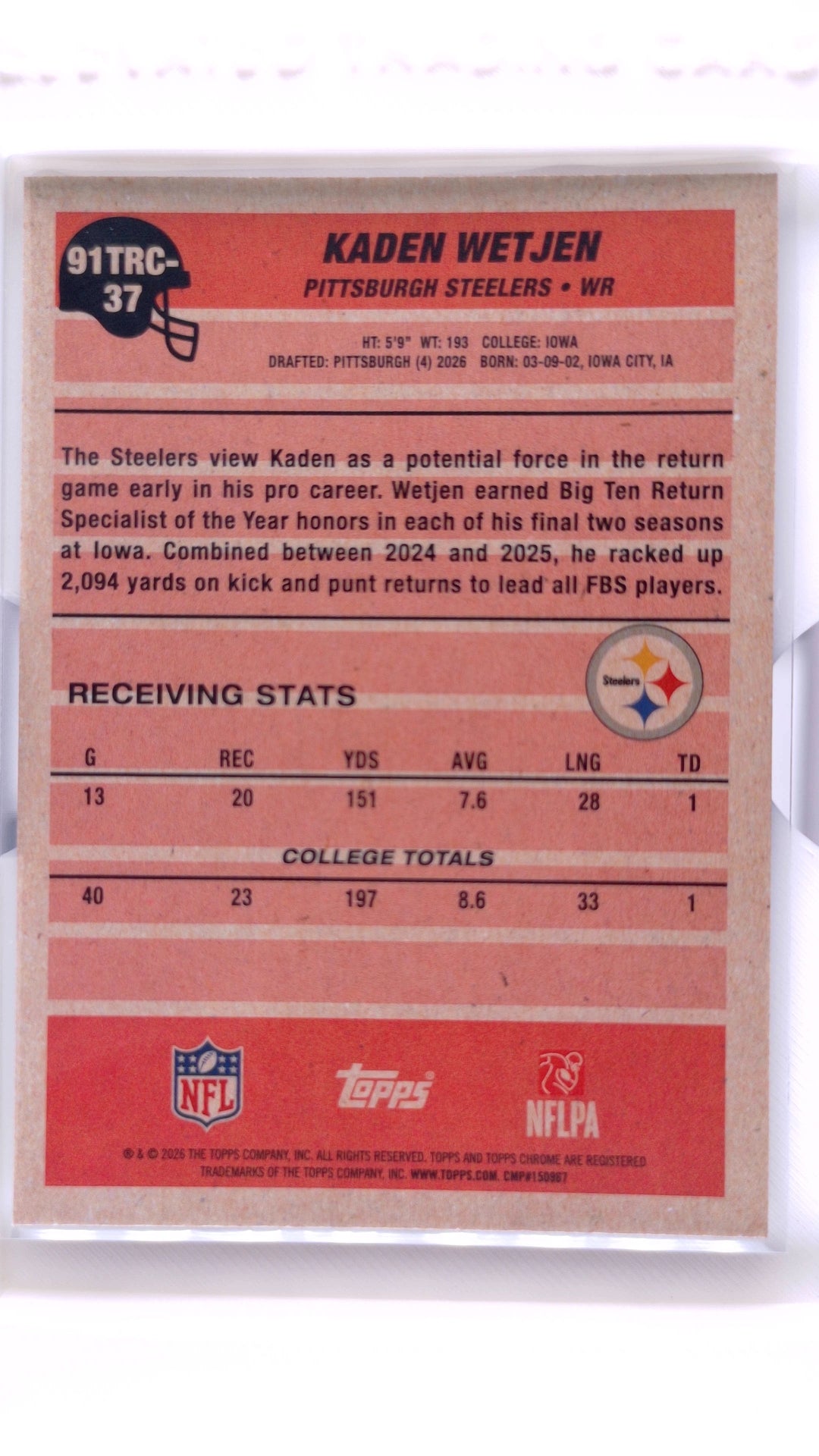 #91TRC-37 Kaden Wetjen Rookie 1991 Topps Rookies Football Chrome - back