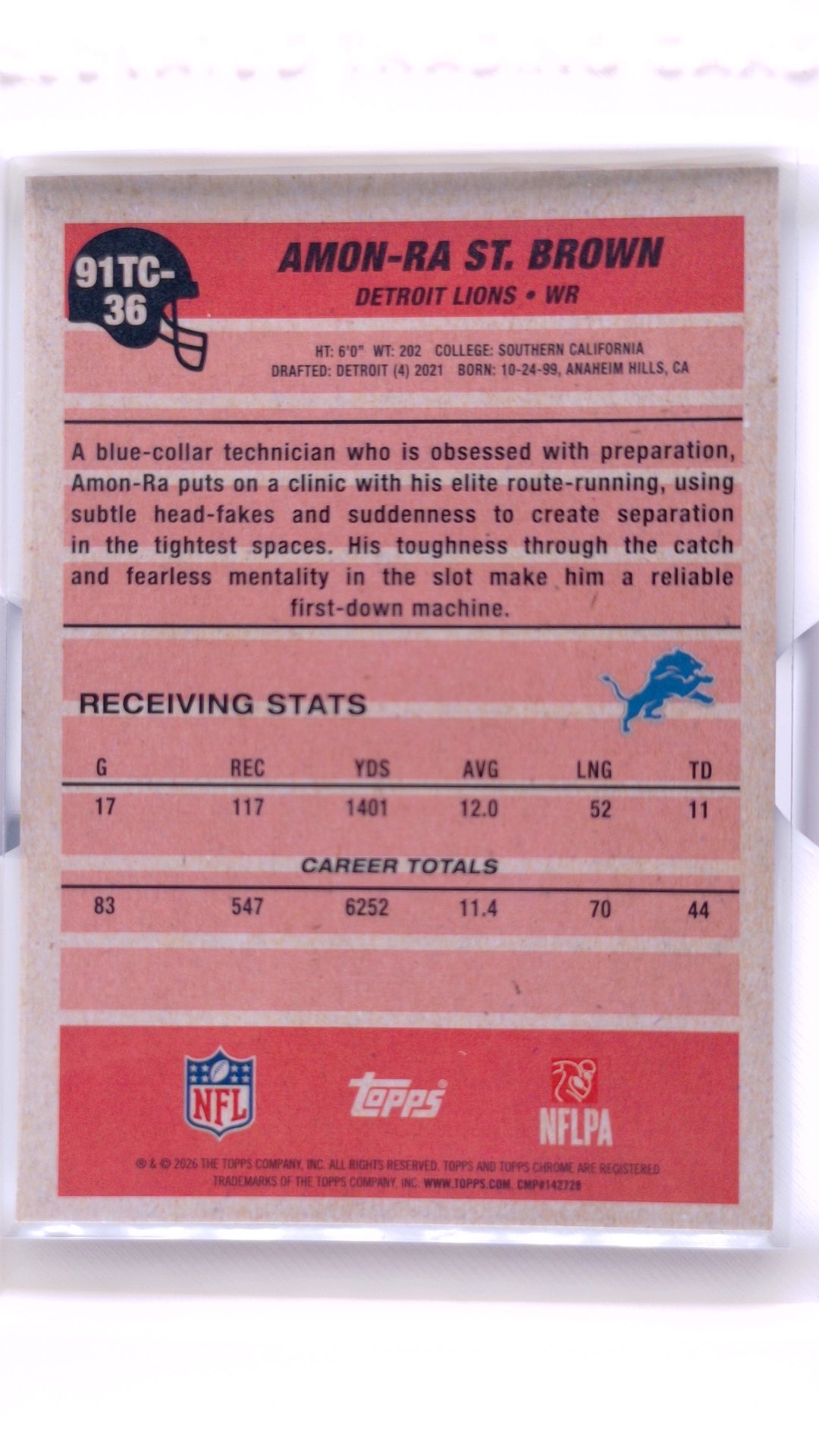 #91TC-36 Amon-Ra St. Brown 1991 Topps Football Chrome - back