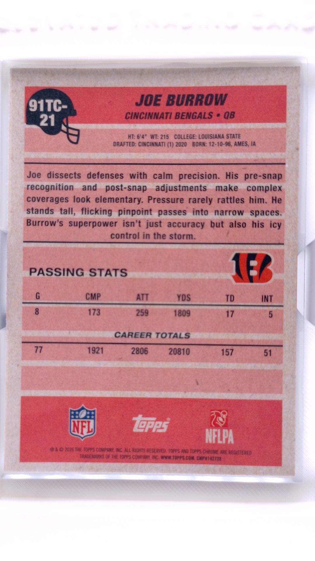 #91TC-21 Joe Burrow 1991 Topps Football Chrome - back
