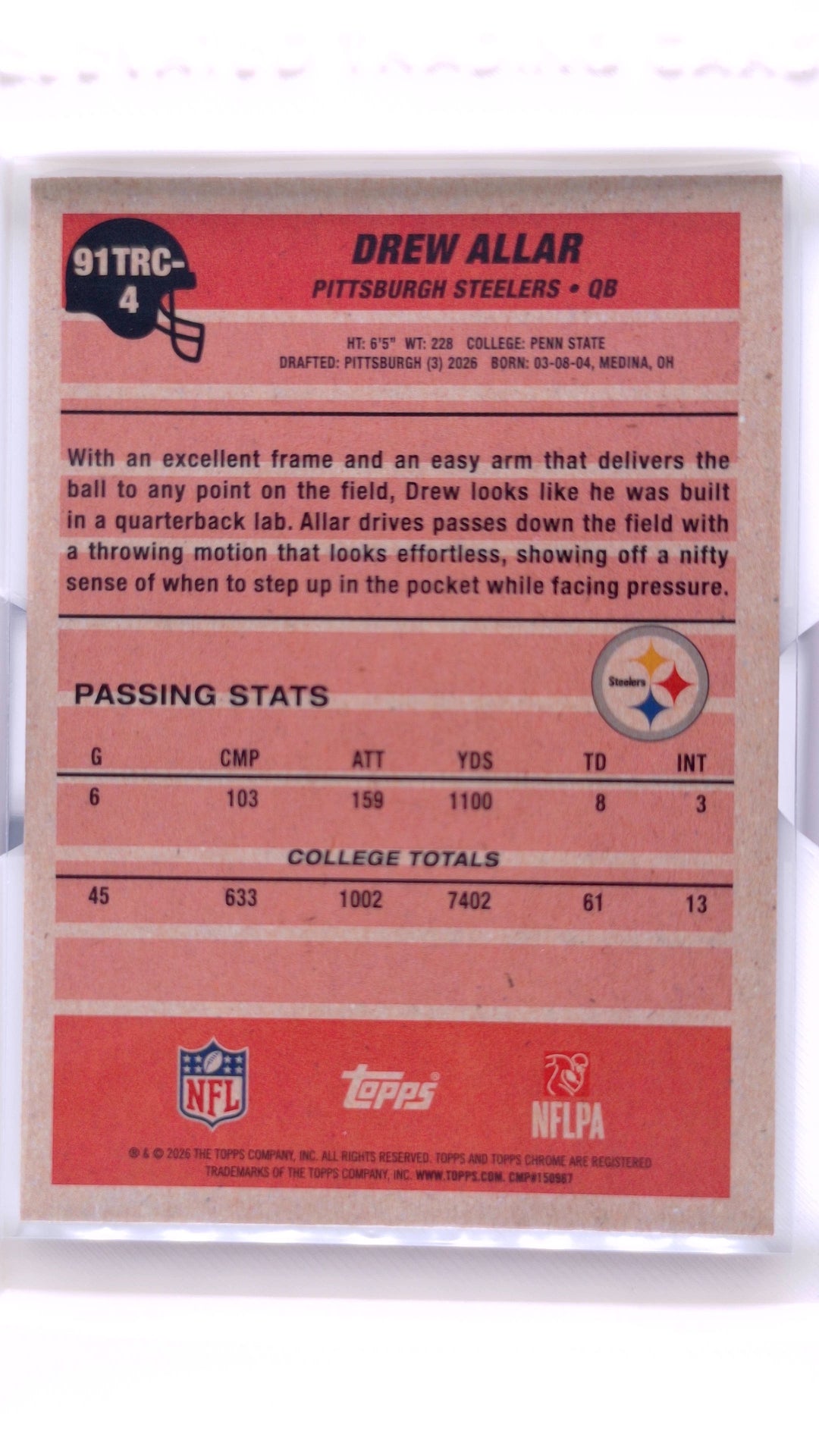 #91TRC-4 Drew Allar Rookie 1991 Topps Rookies Football Chrome - back