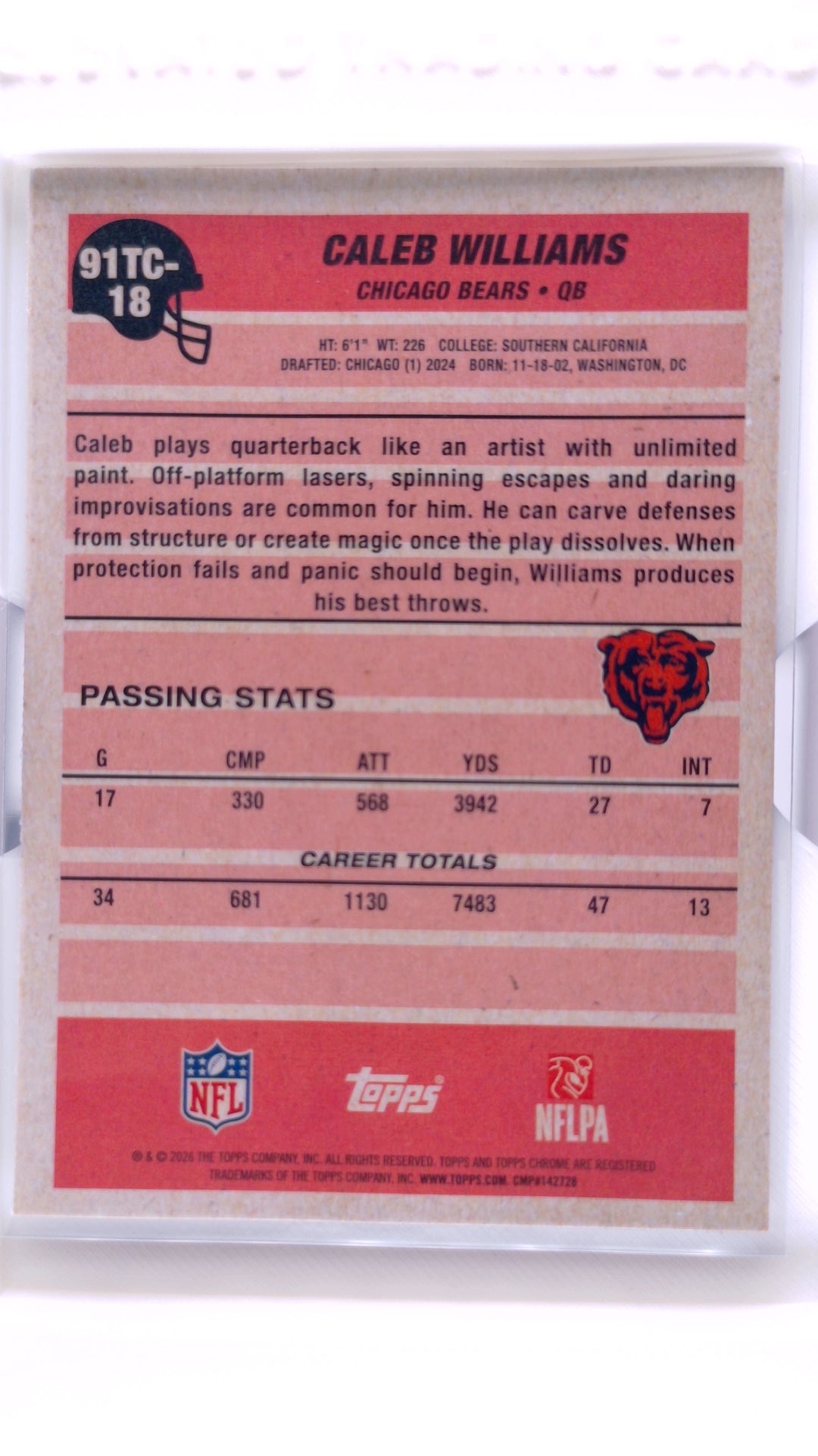 #91TC-18 Caleb Williams 1991 Topps Football Chrome - back