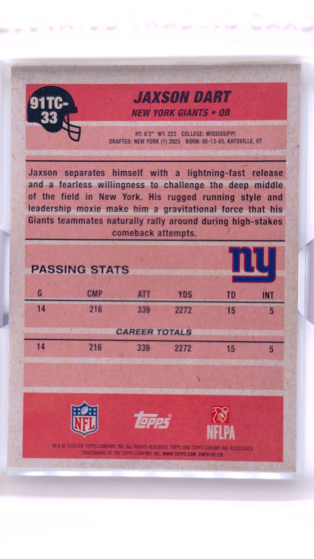 #91TC-33 Jaxson Dart 1991 Topps Football Chrome - back