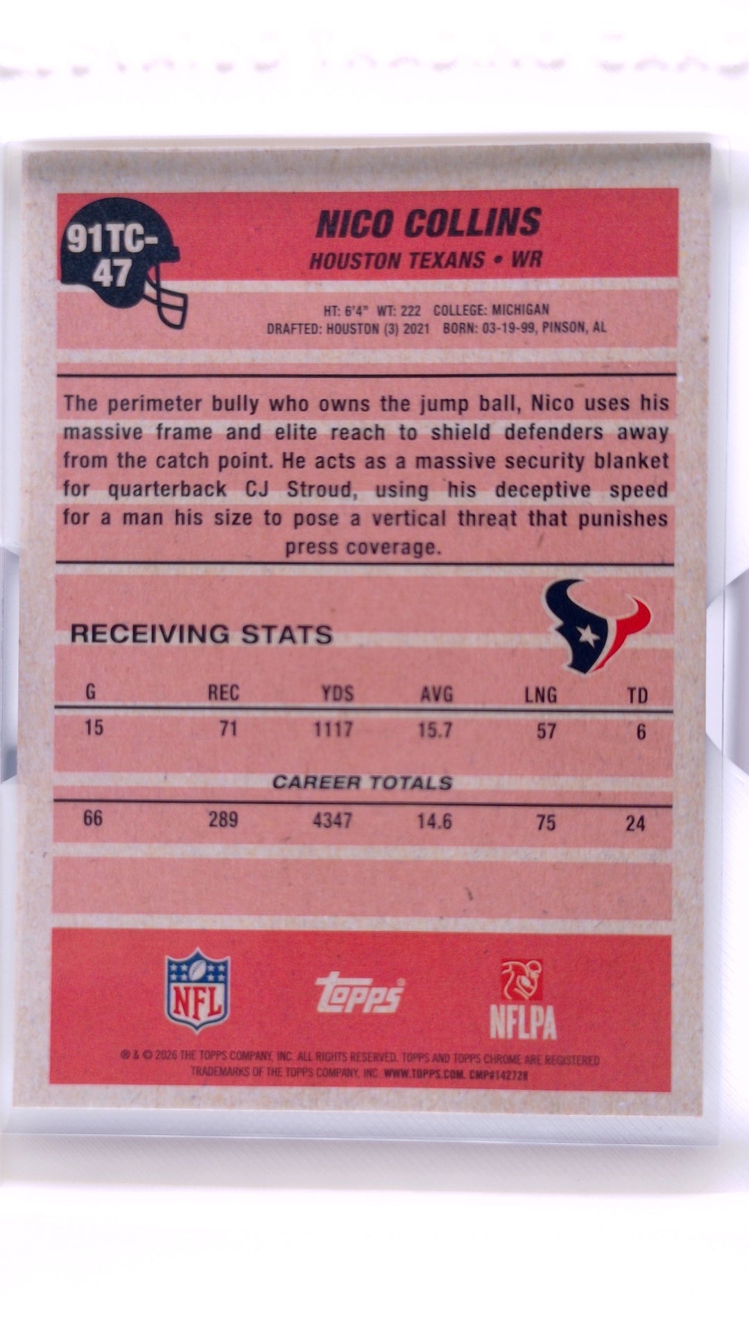 #91TC-47 Nico Collins 1991 Topps Football Chrome - back