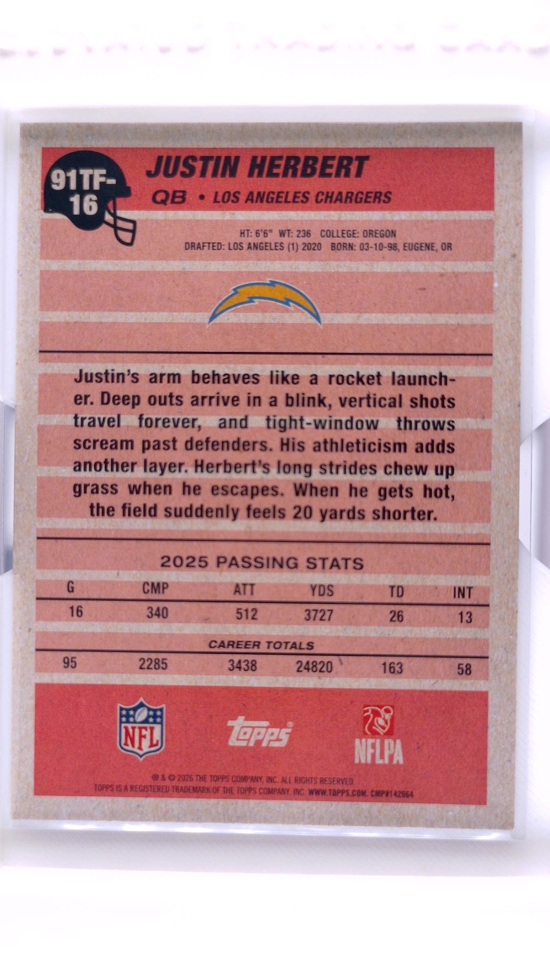 #91TF-16 Justin Herbert 1991 Topps Football - back