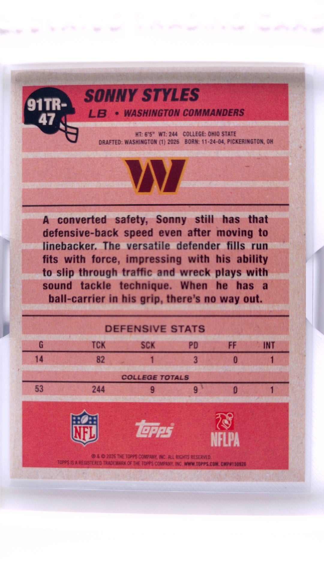 #91TR-47 Sonny Styles Rookie 1991 Topps Rookies Football - back