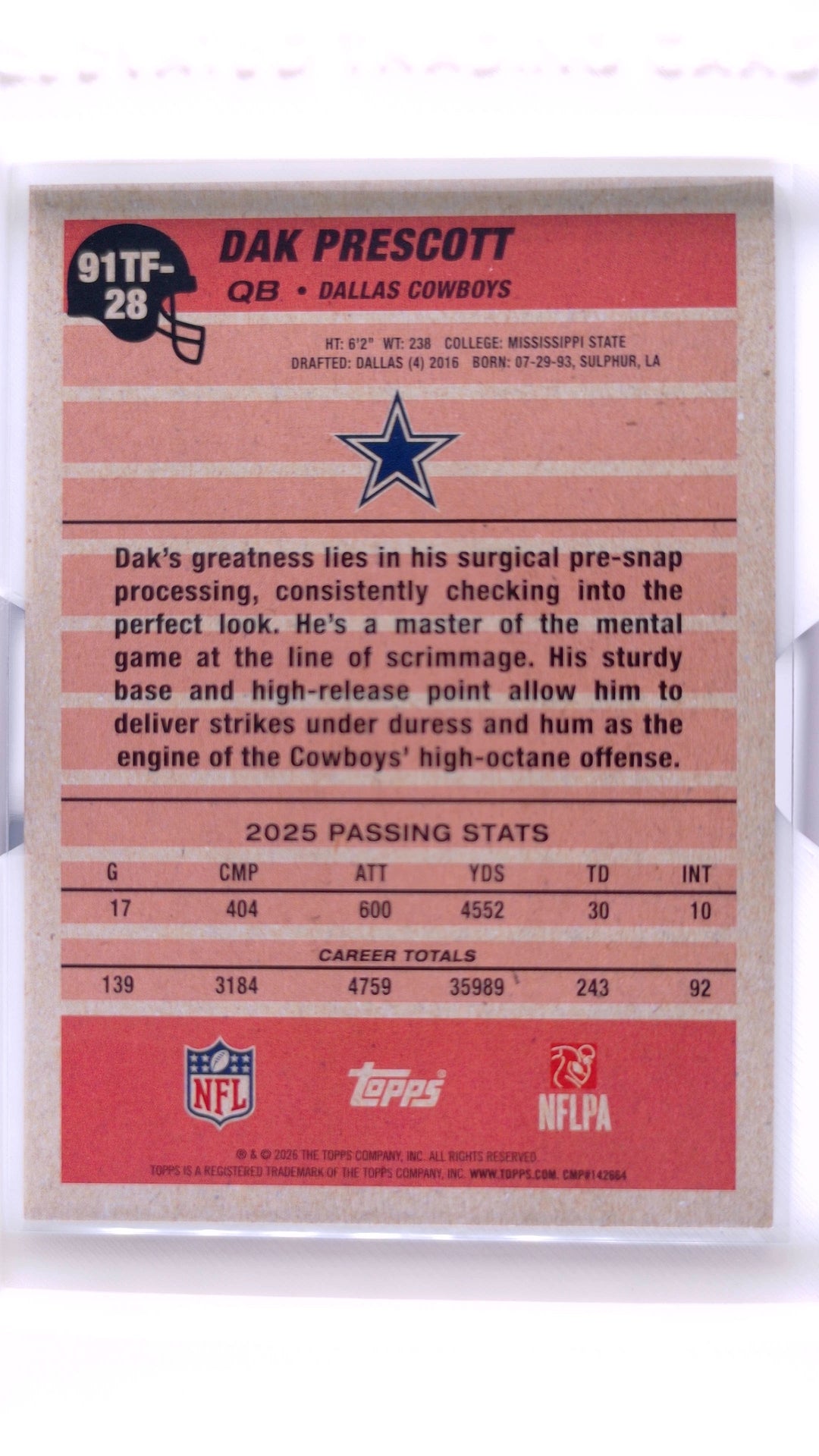 #91TF-28 Dak Prescott 1991 Topps Football - back