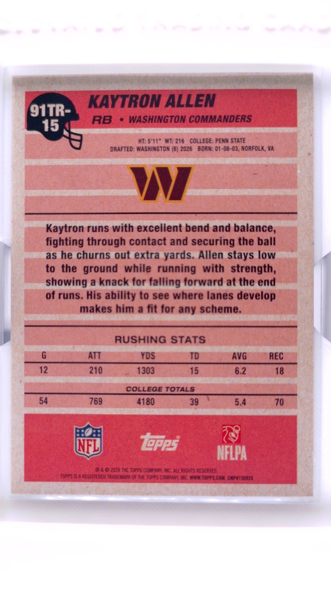 #91TR-15 Kaytron Allen Rookie 1991 Topps Rookies Football - back