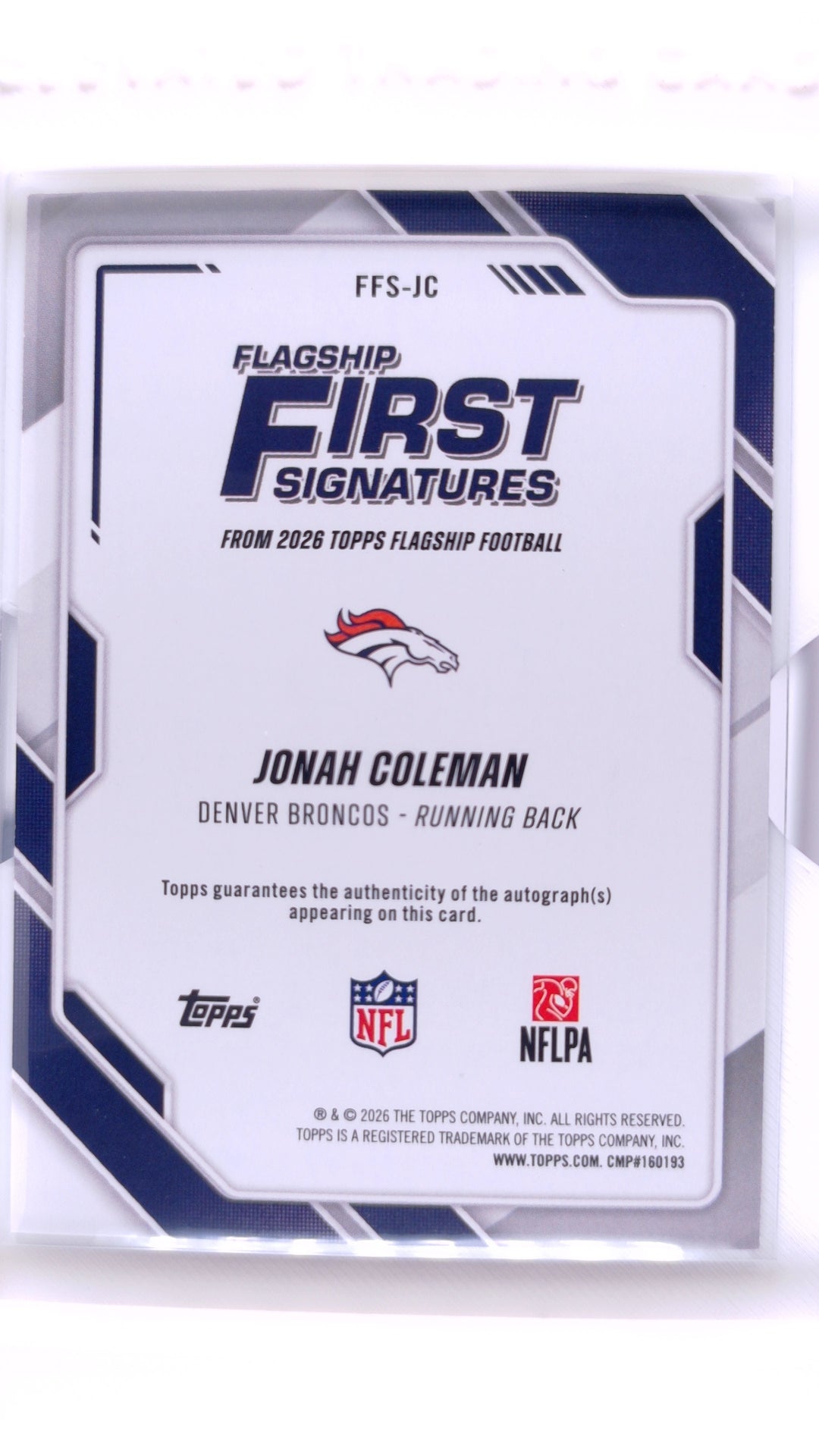 #FFS-JC Jonah Coleman Rookie Flagship First Signatures - back