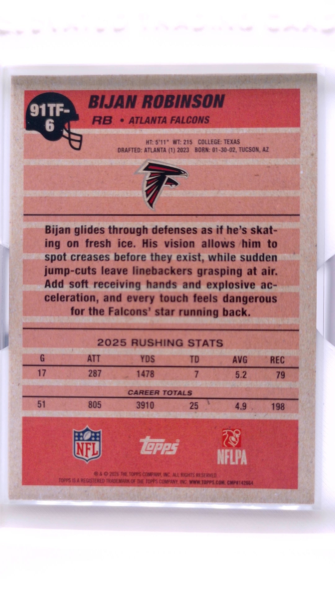 #91TF-6 Bijan Robinson 1991 Topps Football - back