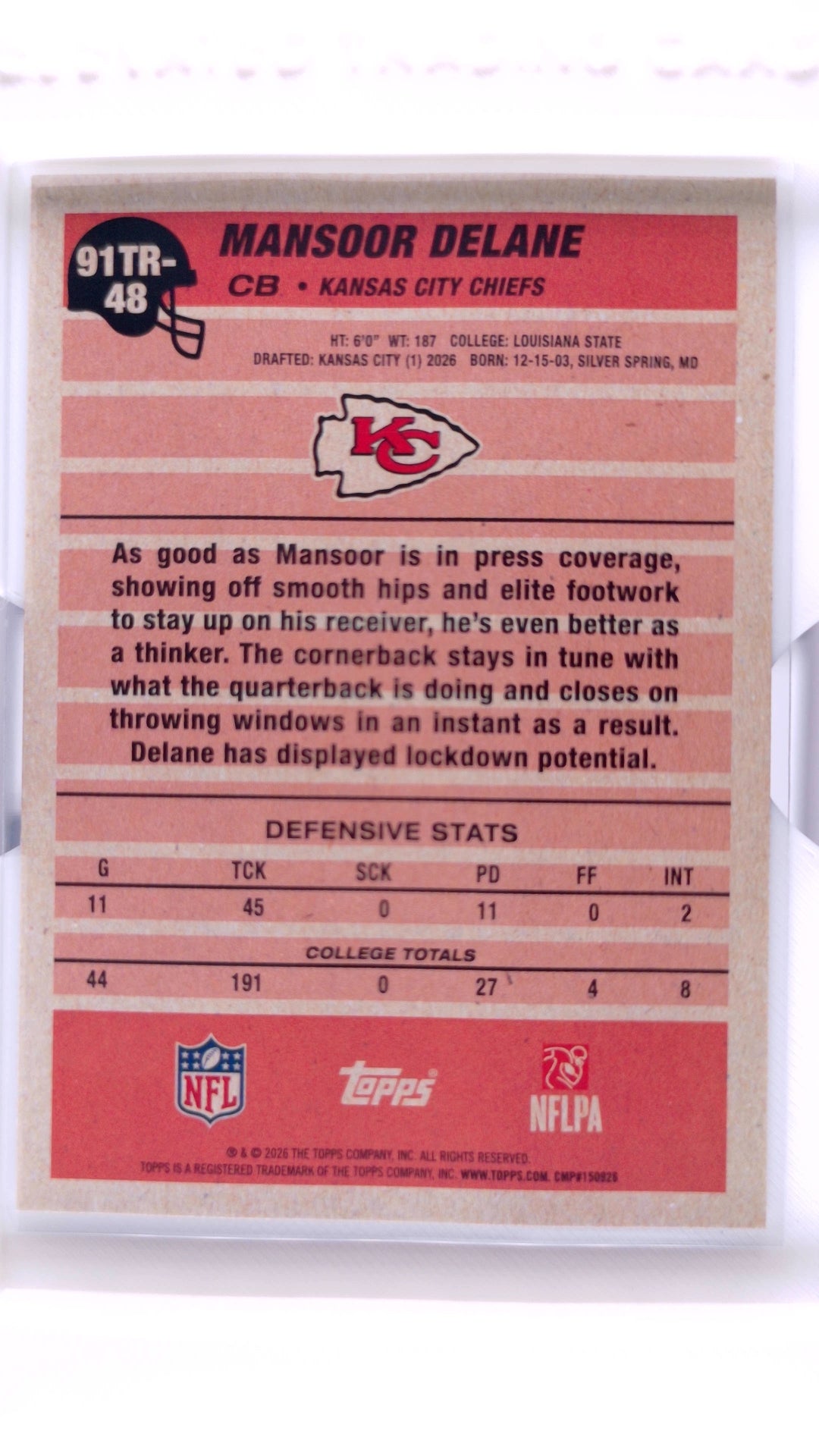 #91TR-48 Mansoor Delane Rookie 1991 Topps Rookies Football - back