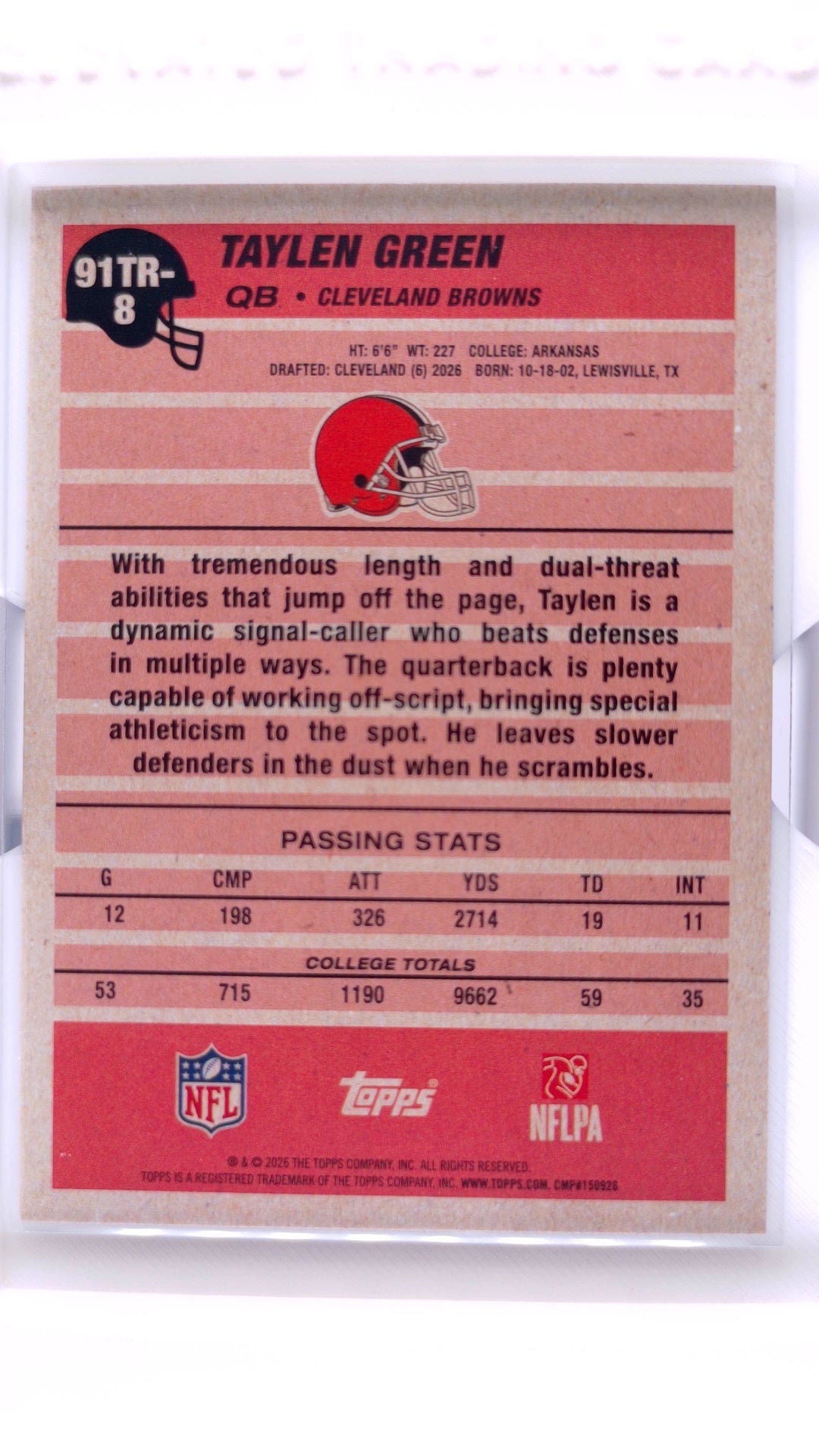 #91TR-8 Taylen Green Rookie 1991 Topps Rookies Football - back