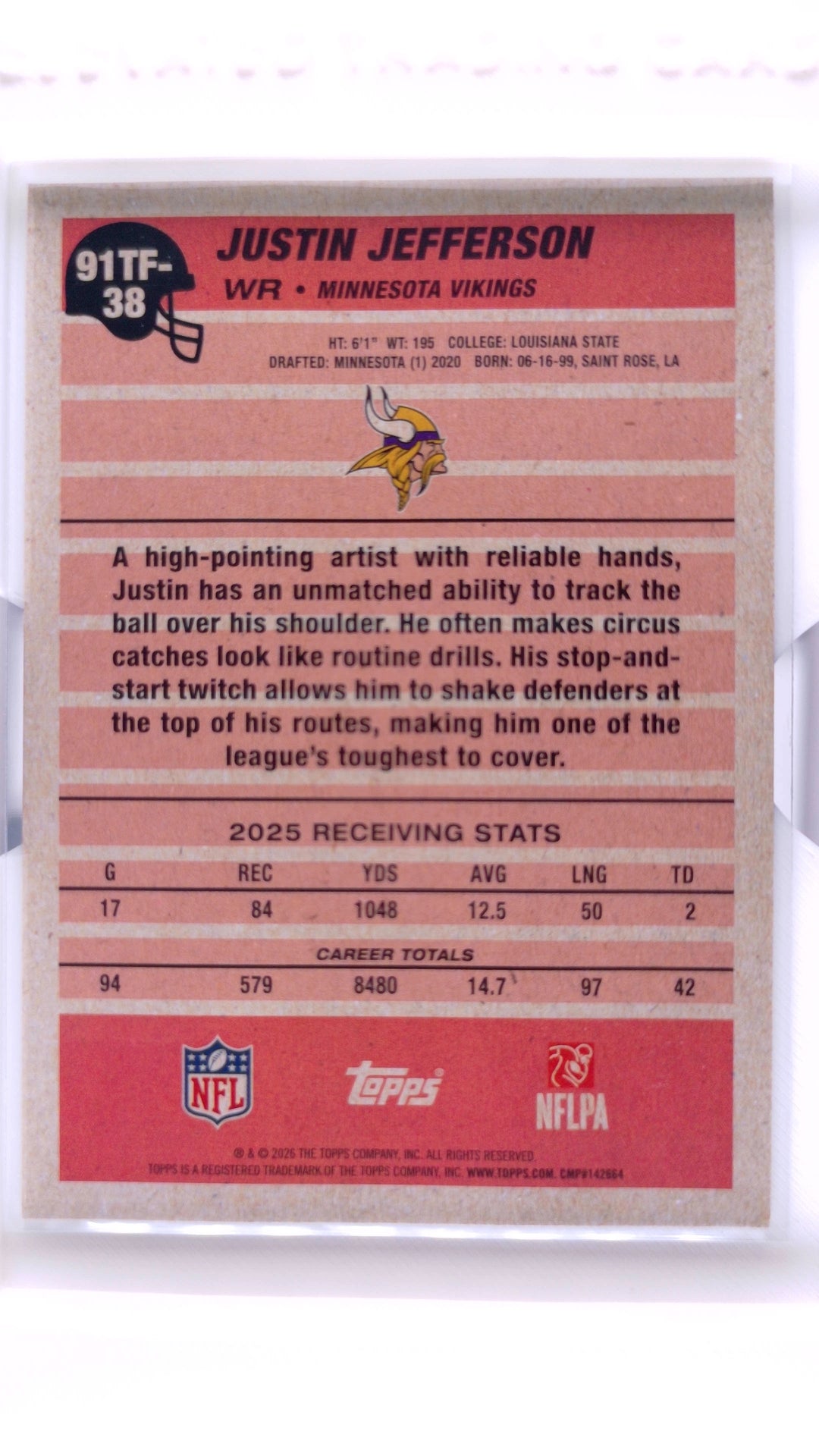#91TF-38 Justin Jefferson 1991 Topps Football - back
