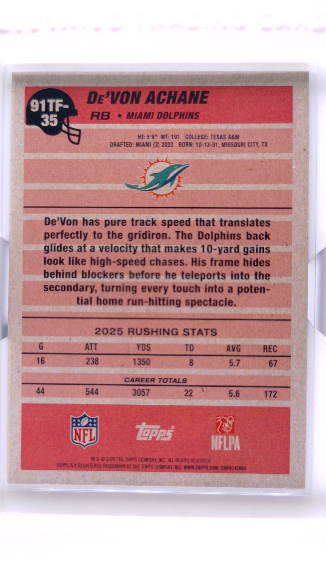 #91TF-35 De'Von Achane 1991 Topps Football - back