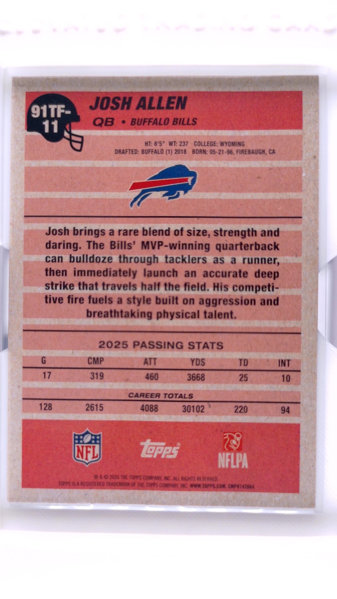 #91TF-11 Josh Allen 1991 Topps Football - back