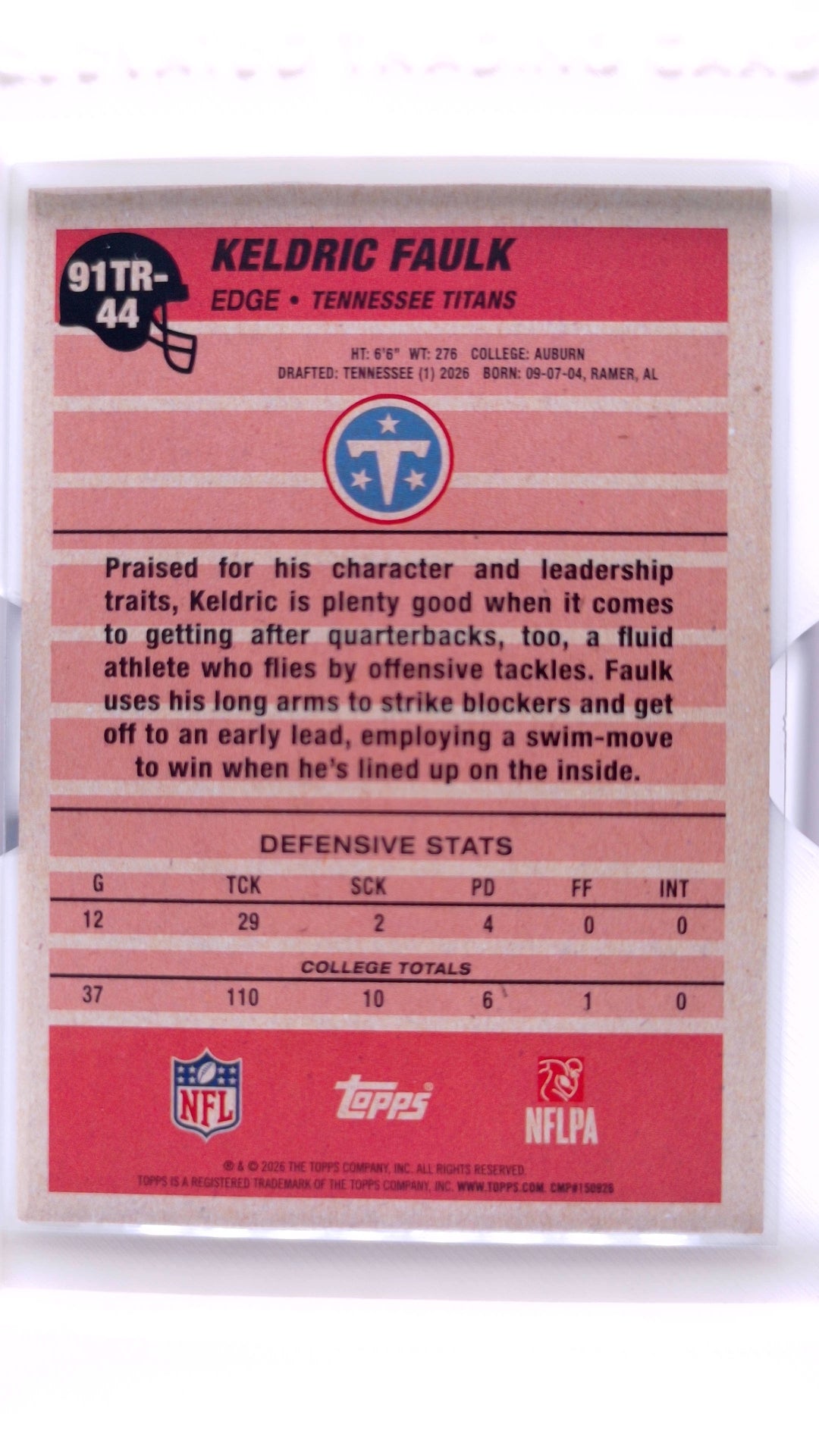 #91TR-44 Keldric Faulk Rookie 1991 Topps Rookies Football - back