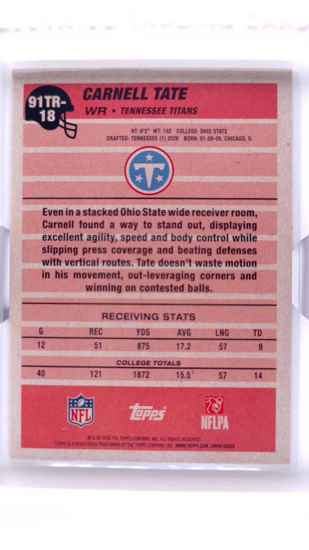 #91TR-18 Carnell Tate Rookie 1991 Topps Rookies Football - back