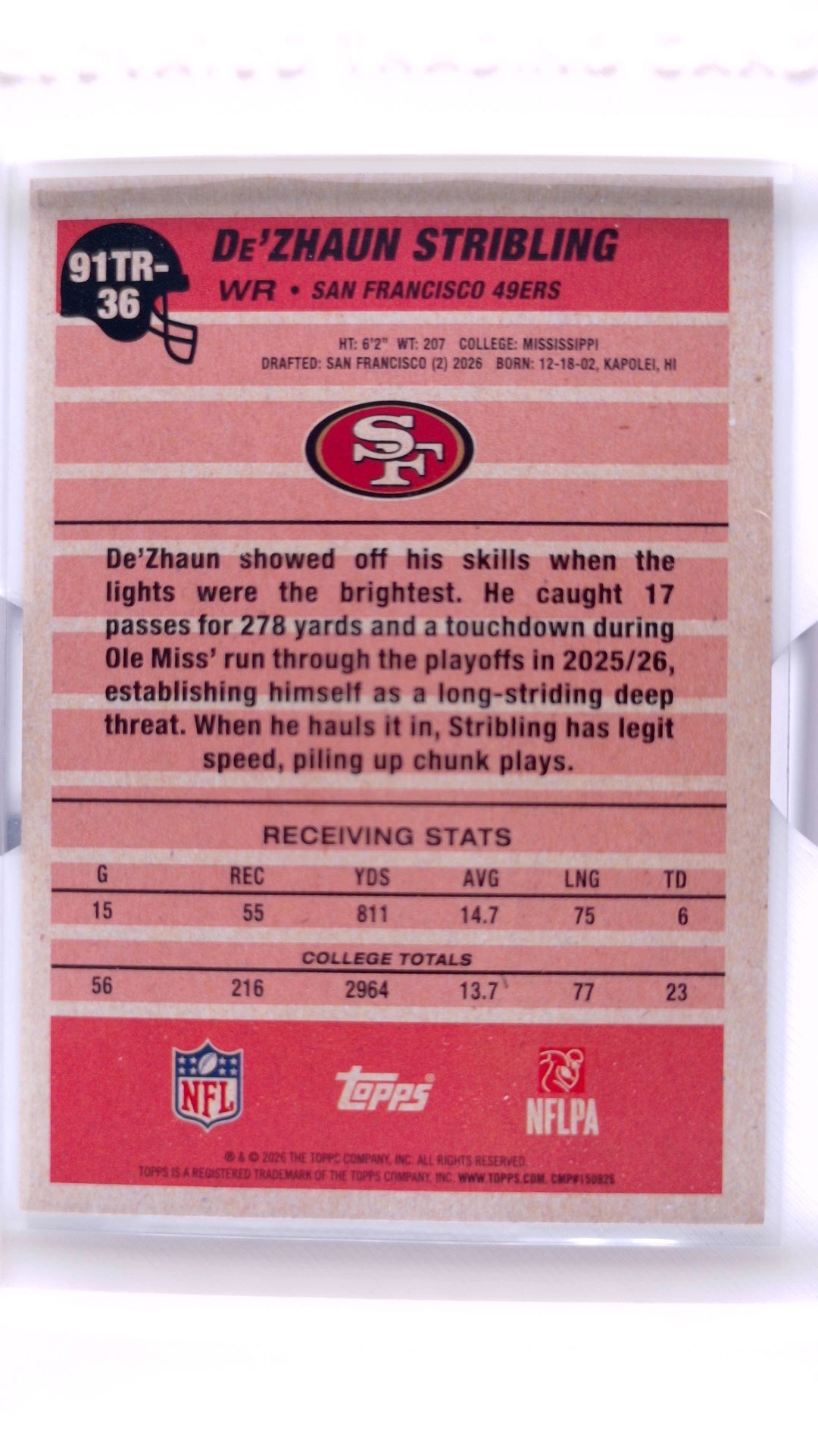 #91TR-36 De'Zhaun Stribling Rookie 1991 Topps Rookies Football - back