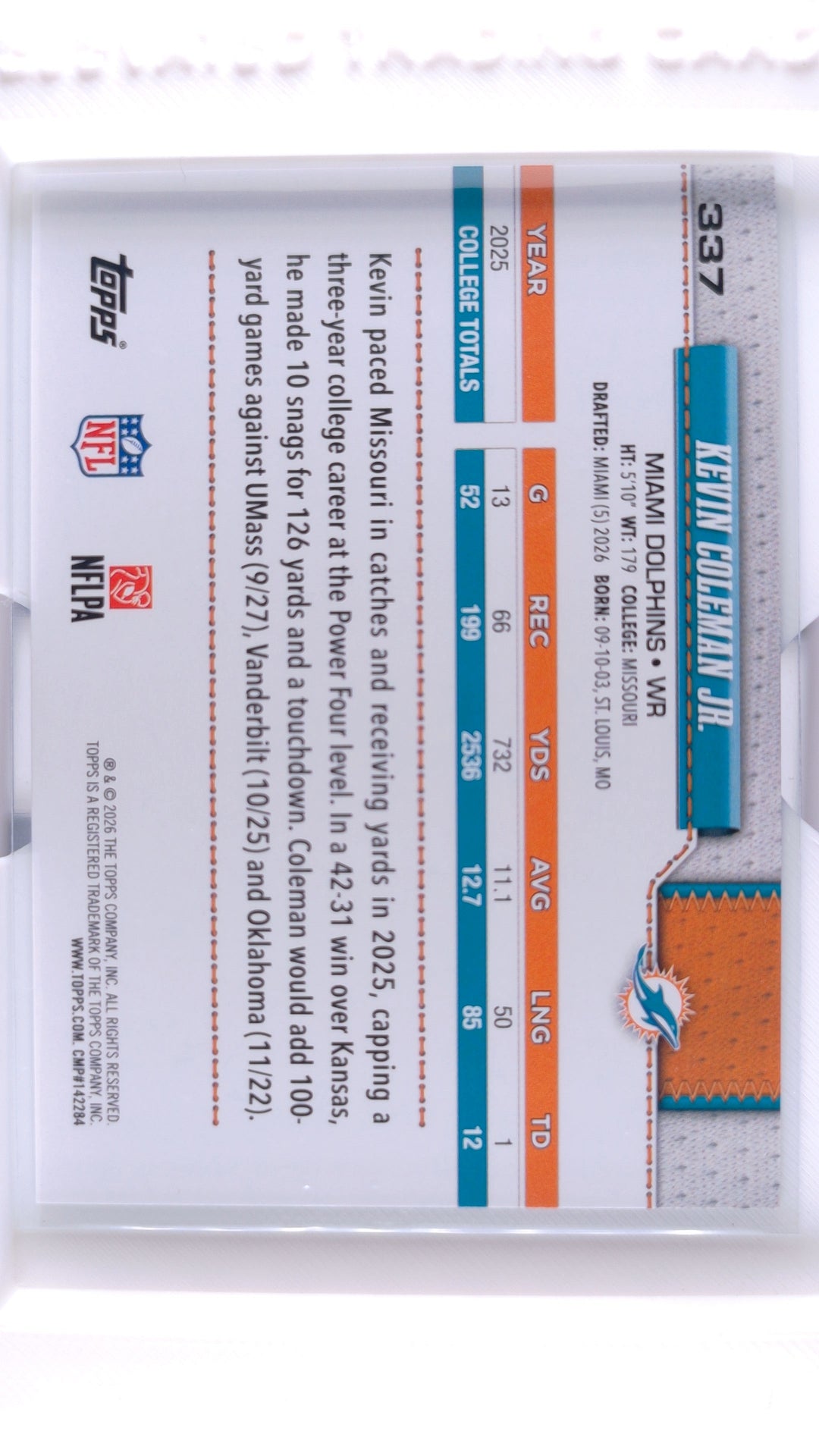 #337 Kevin Coleman Jr. Rookie Holo Foil - back